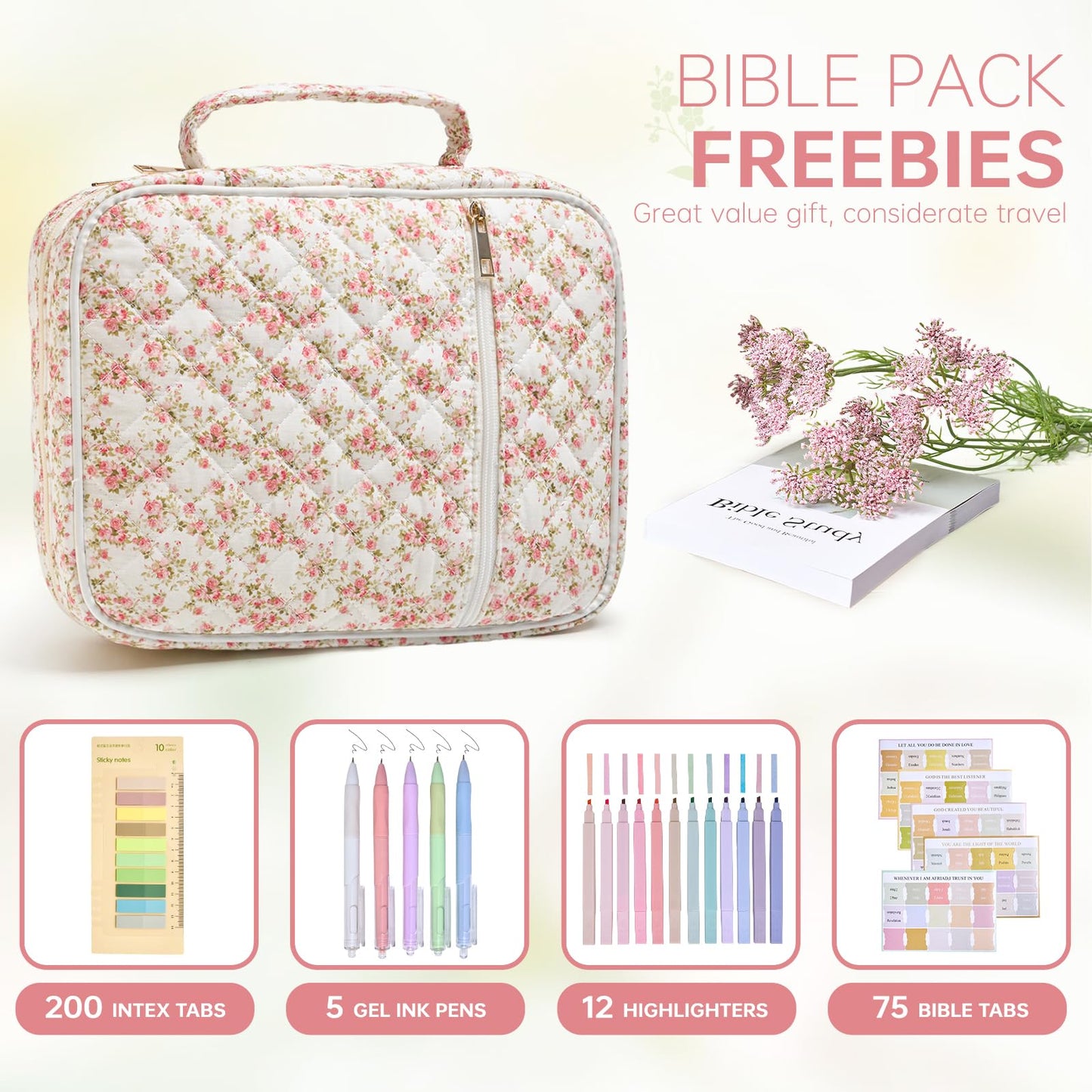 Bible Cover Case for Women Bible Bag Cover with Durable Handle Quilted Bible Carrying Case for Girls Bible Study Supplies Accessories (Siamese Rose)