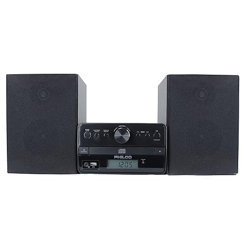 Philco Stereo Shelf Systems Tray Loading CD Player with Digital FM Radio, Bluetooth Streaming, Remote Control in Black | LCD Display | 3.5mm Headphone