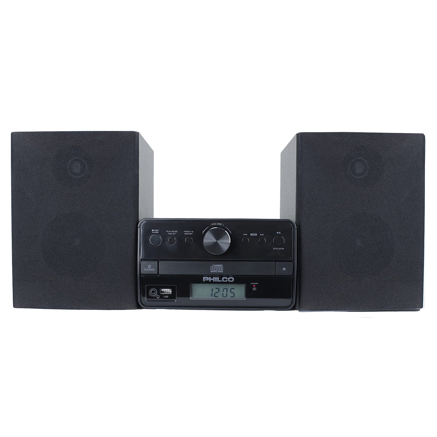 Philco Stereo Shelf Systems Tray Loading CD Player with Digital FM Radio, Bluetooth Streaming, Remote Control in Black | LCD Display | 3.5mm Headphone