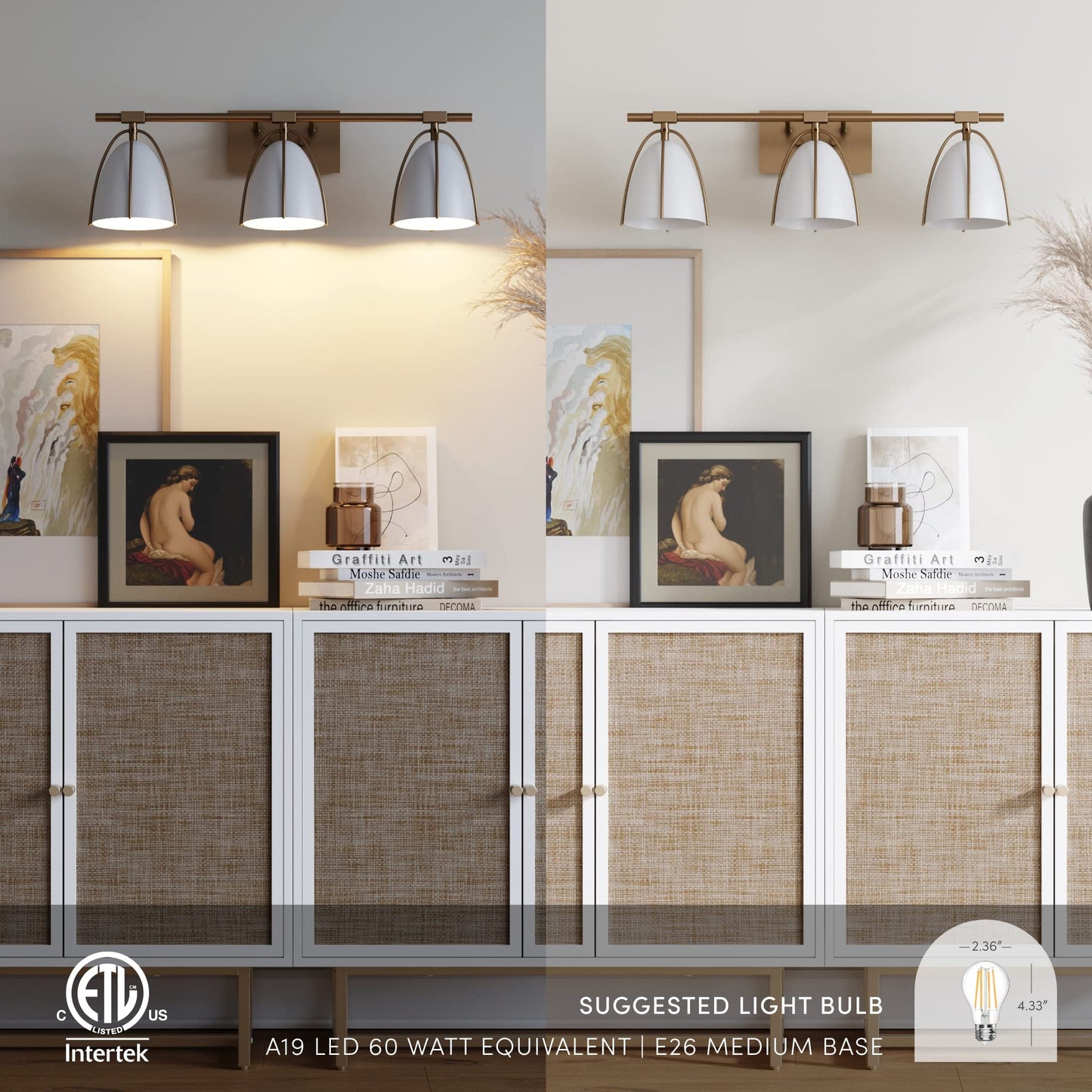 Nathan James Aubrey 3-Lights Farmhouse Wall Light Fixture, Bathroom Vanity Light with Brass Metal Frame and Gold and White Cage Shades for Bathroom