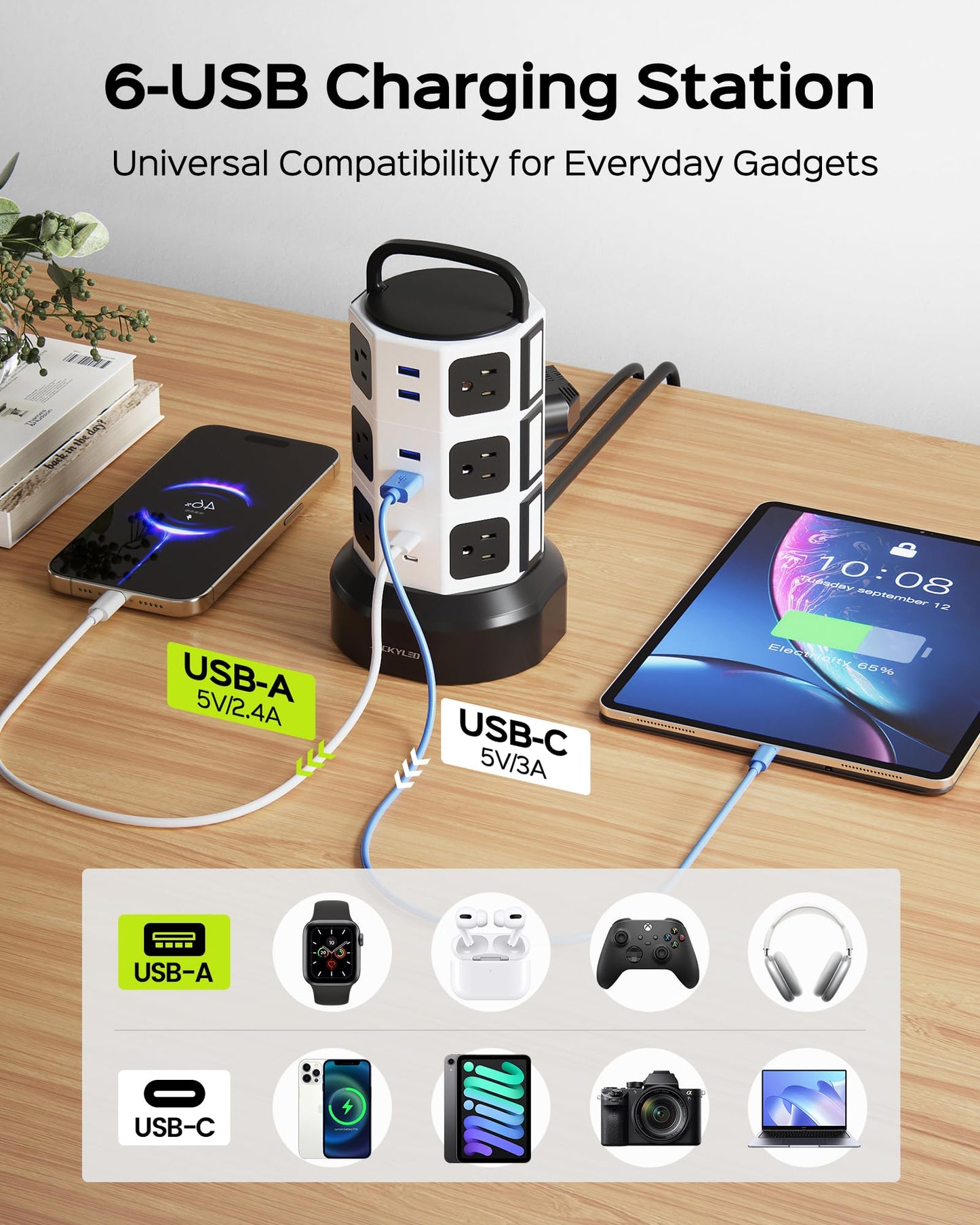 Power Strip Tower Surge Protector, JACKYLED 12 Outlets 6 USB (2 USB C) Charging Station, Extension Cord with Multiple Outlets, 1050J 1625W/13A Outlet