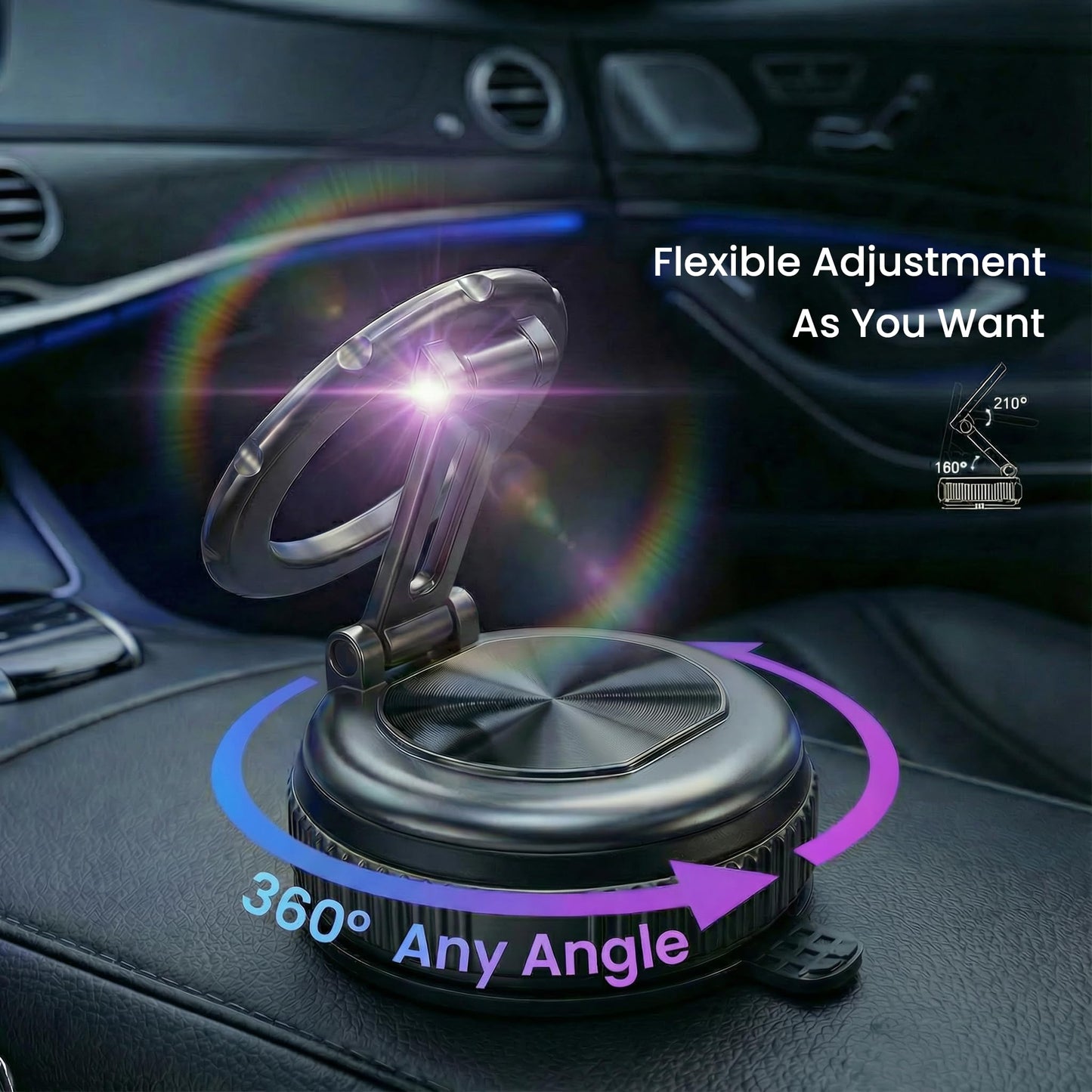 FS NANO Magnetic Phone Holder for Car, Vacuum Suction Cup MagSafe Mount with N55 Magnets, 360°/210° Adjustable Foldable Aluminum Design, Compatible