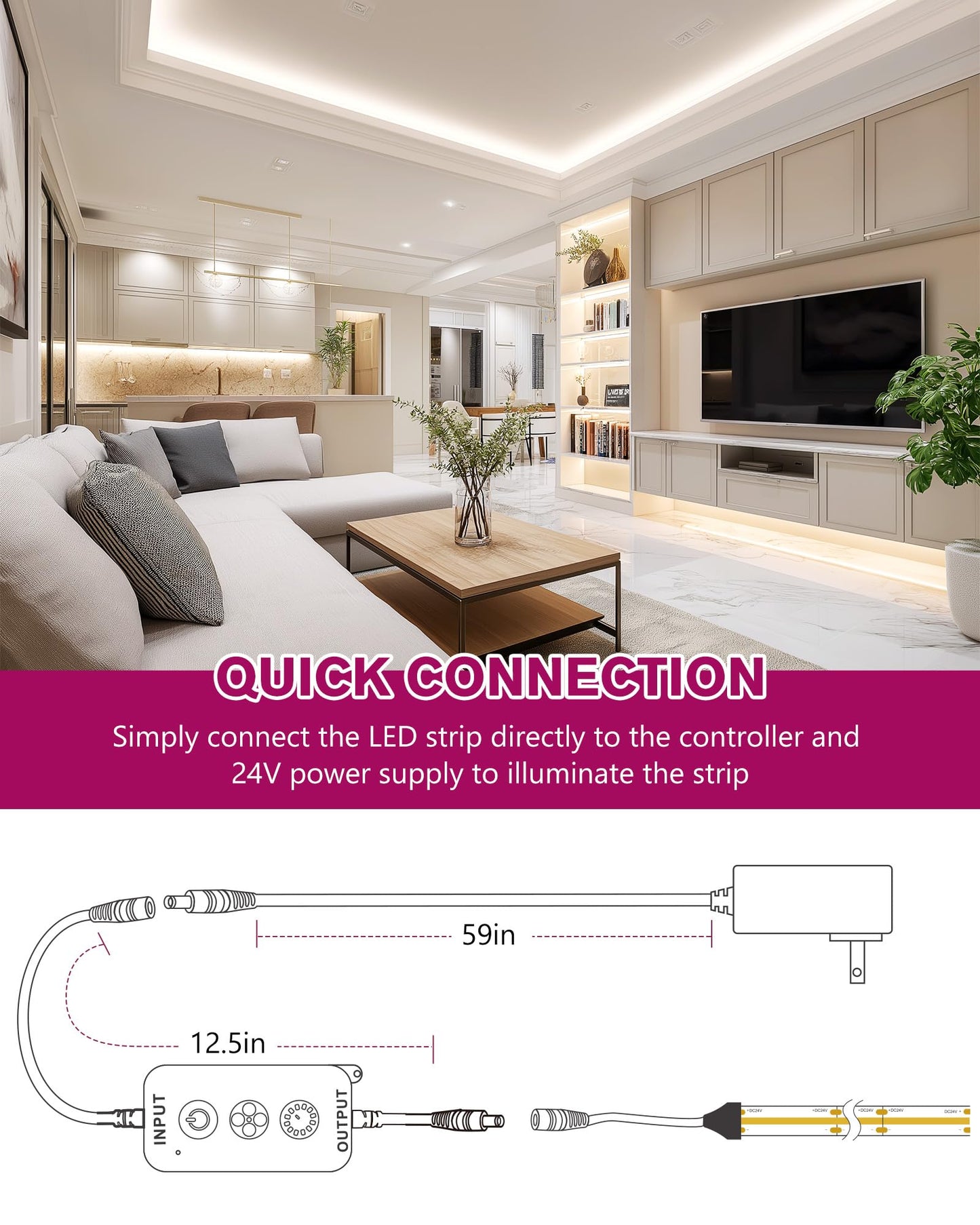 EMITEVER COB LED Strip Lights Kit,4000K Neutral White with Remote & 24V Power Supply,32.8ft Dimmable Tape Lights,High Density 3200LEDs,450+Lumens/m,Ra