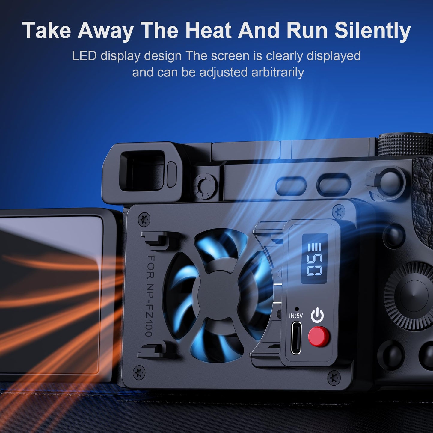 KOCACKOO Camera Cooling Fan/ 5-Speed Adjustable External Cooling System,With Spring Mount,Built-in Battery & Expandable NP-FZ100 Battery Port,Digital