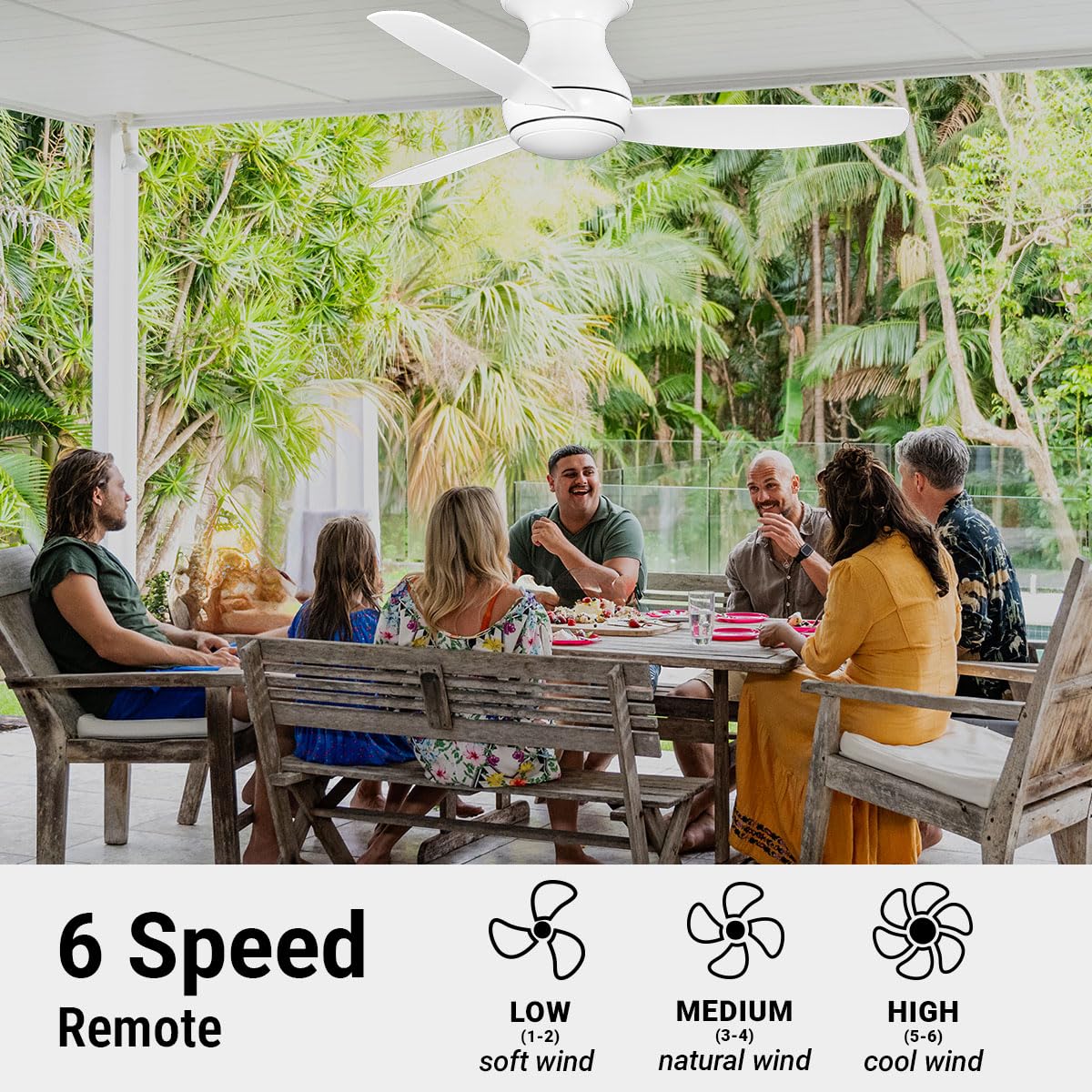 Kathy Ireland Home Curva Sky LED Outdoor Ceiling Fan with Light Kit, 52 Inch | Modern Fixture with 6-Speed Remote Control | Low Profile with Downrod