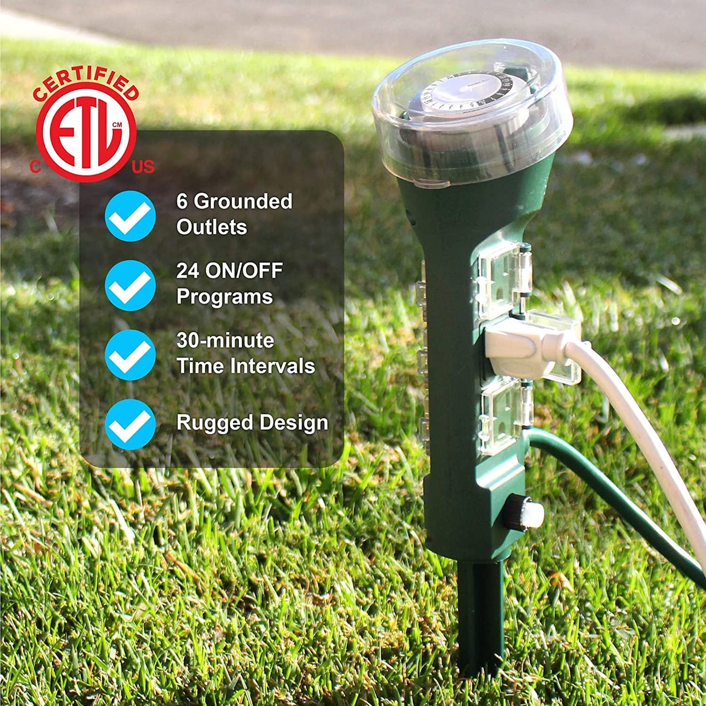 Clear Power Outdoor Power Strip Yard Stake Programmable Mechanical Timer, 6 Grounded Outlets - 6 ft Cord, Weatherproof for Outdoor Lamps Lights Ponds