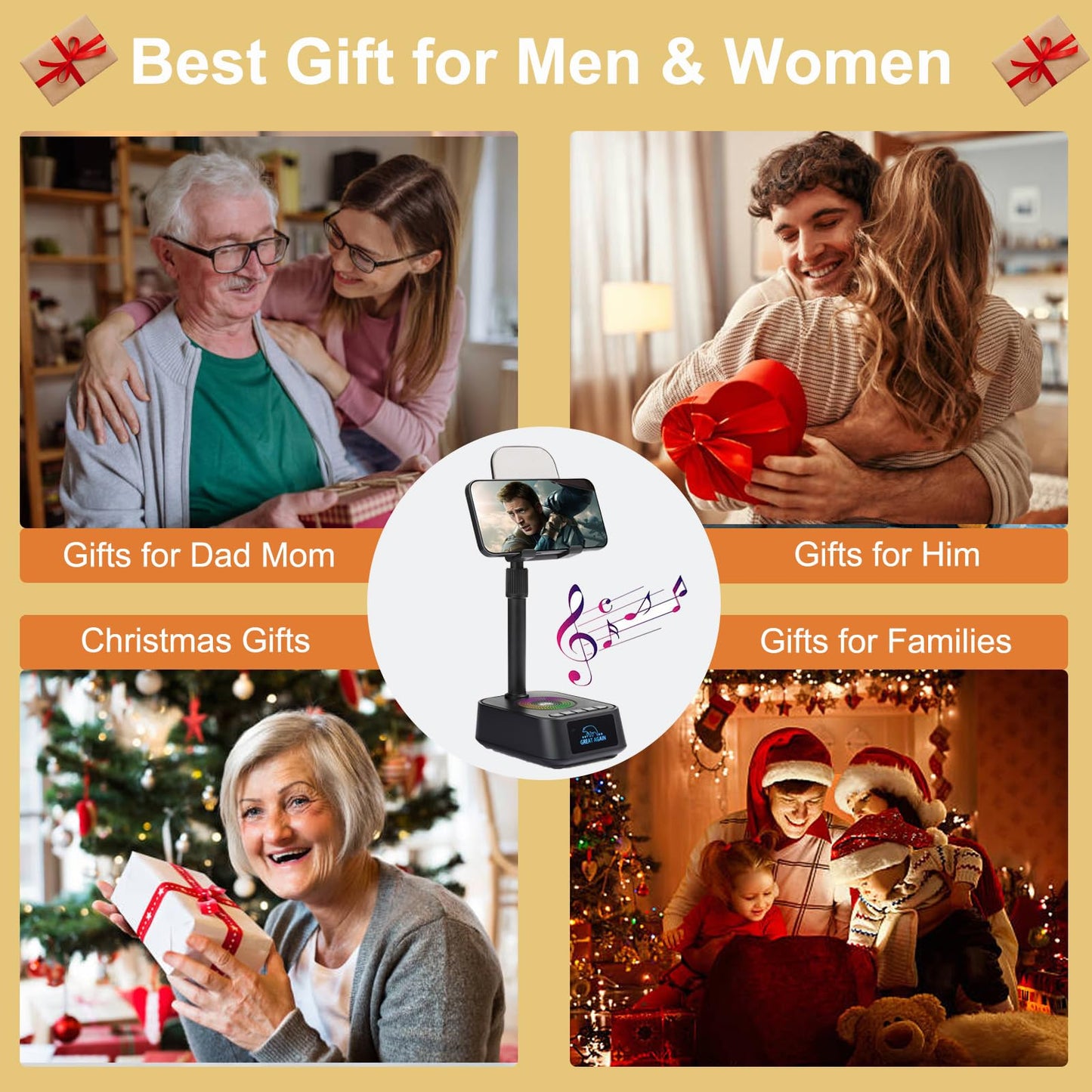 DAOCE Gifts for Men Women, Phone Stand with Bluetooth Speaker, Birthday Gifts Him Her, Adjustable Height Phone Holder with HD Stereo Sound Fits All