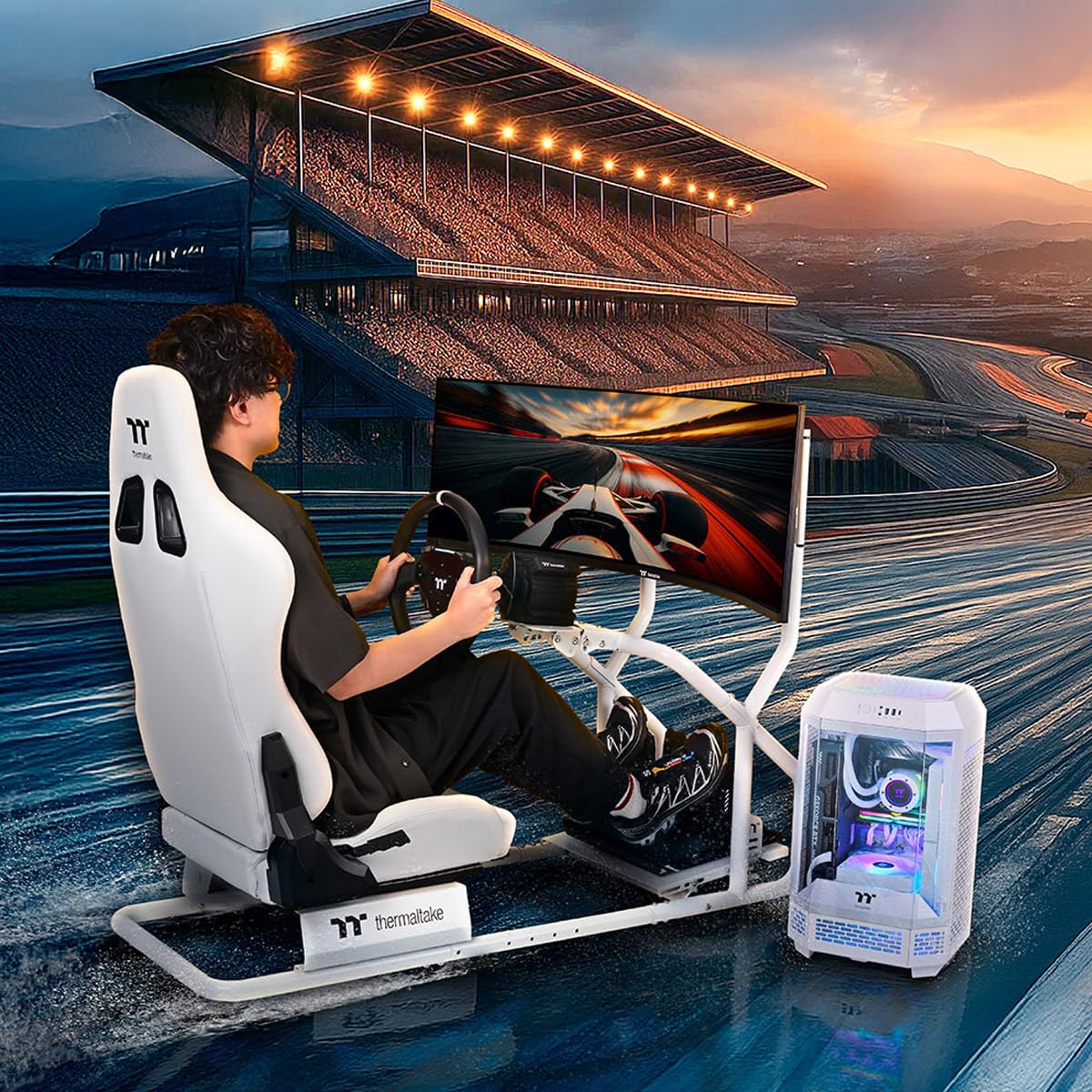 Thermaltake GR300 Racing Simulator Monitor Stand; Single Monitor or TV; 32" to 50" Screens; VESA Mounting; Powder Coated Steel; White