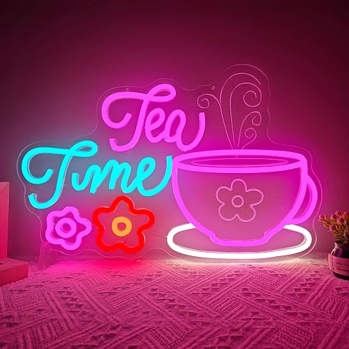 Lets Partea Neon Sign Dimmable Tea Time Party Decorations for Girls LED Garden Floral Teapots Teacups Light for Wall Decor Princess Tea Party