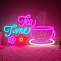 Lets Partea Neon Sign Dimmable Tea Time Party Decorations for Girls LED Garden Floral Teapots Teacups Light for Wall Decor Princess Tea Party