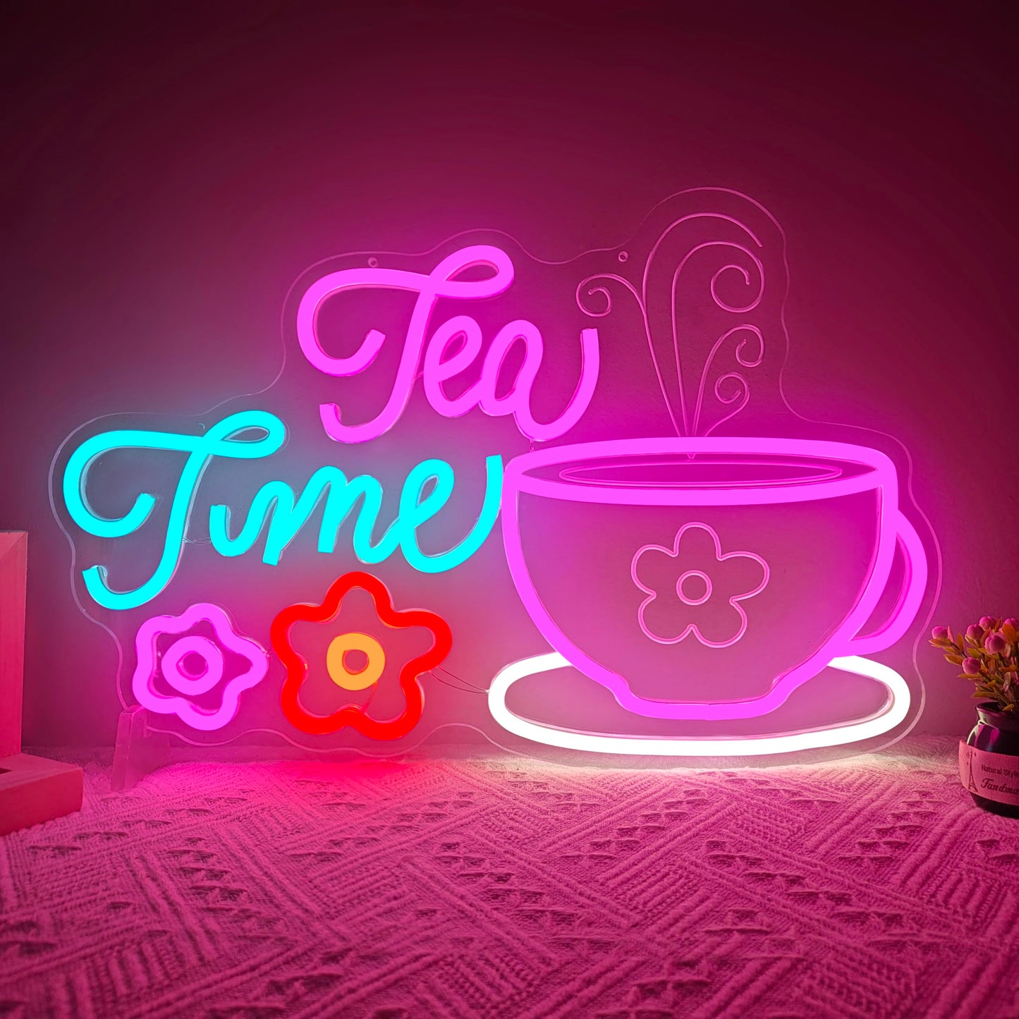Lets Partea Neon Sign Dimmable Tea Time Party Decorations for Girls LED Garden Floral Teapots Teacups Light for Wall Decor Princess Tea Party