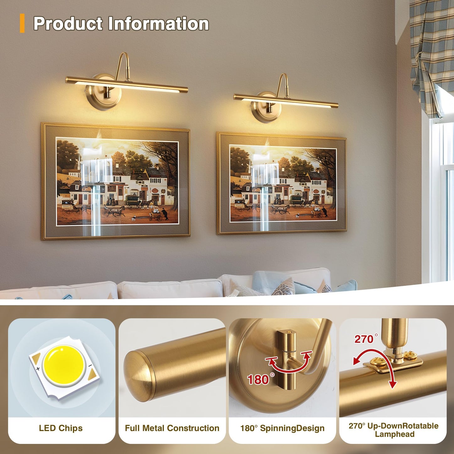 JOOSENLUX Dimmable Picture Lights - Modern 7W LED Wall Sconces for Paintings, 16.54" Long, 3000K Warm Light, Brass Golden Finish - Indoor Hallway