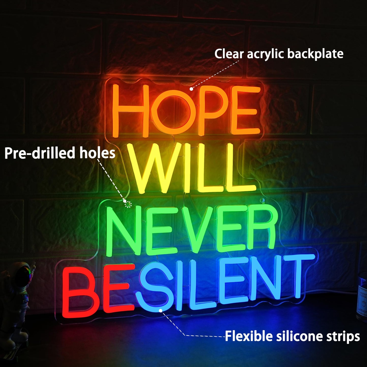 AEHEMNGZ Hope Will Never Be Silent Neon Sign Usb Powered Colorful Rainbow Neon Light Dimmable Motivational Letter Light Up Sign for Bedroom Office Gym