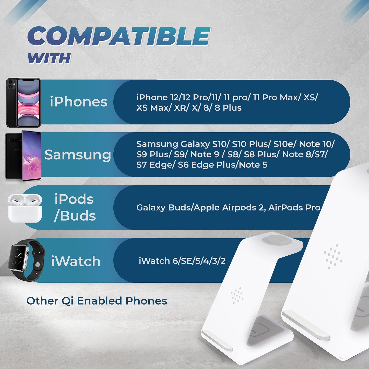 3 in 1 Wireless Fast Charger Station HATAKY with Selfie Ring Light for Apple Watch 6/SE/5/4/3/2, Airpods 2/ Pro, iPhone 13/12 Pro Max/11 Pro XR/XS/X
