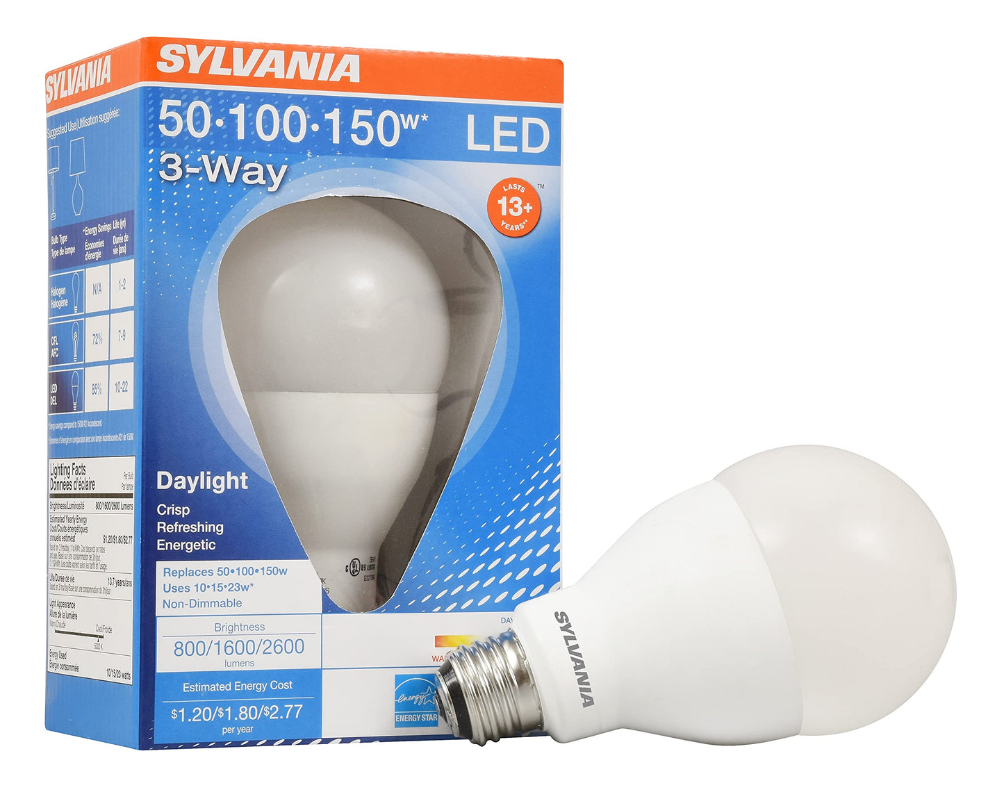 Sylvania A21 LED Light Bulb, 3 Way, 50W/ 100W/ 150W, 13 Year, Non-Dimmable, Up to 2600 Lumens, 5000K, Daylight - 1 Pack (79770)