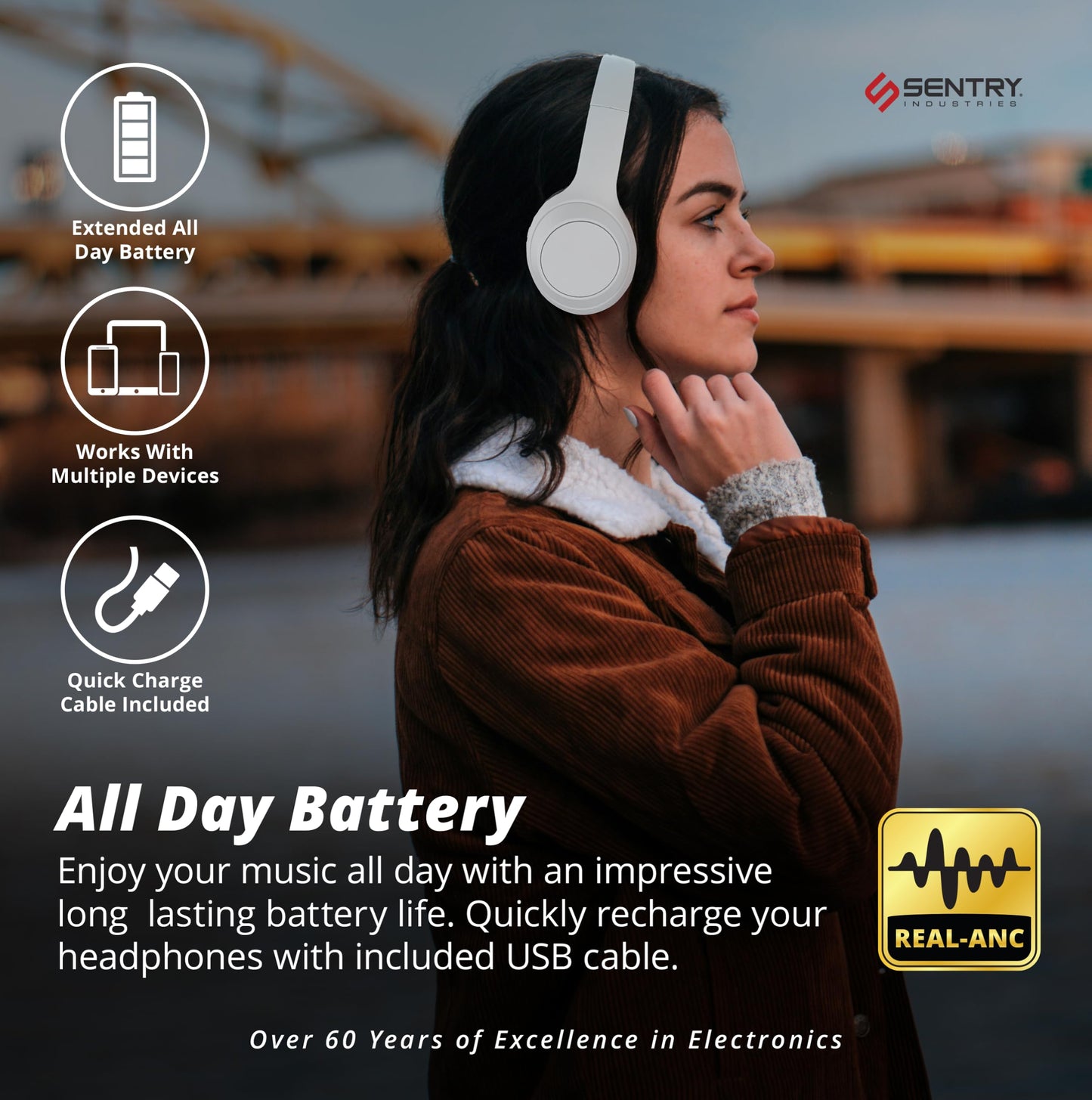 SENTRY OSH Over Ear Bluetooth Wireless Headphones, Active Noise Canceling -20dB Reduction, 22 Hour Battery Life, Control Buttons, Built in Microphone