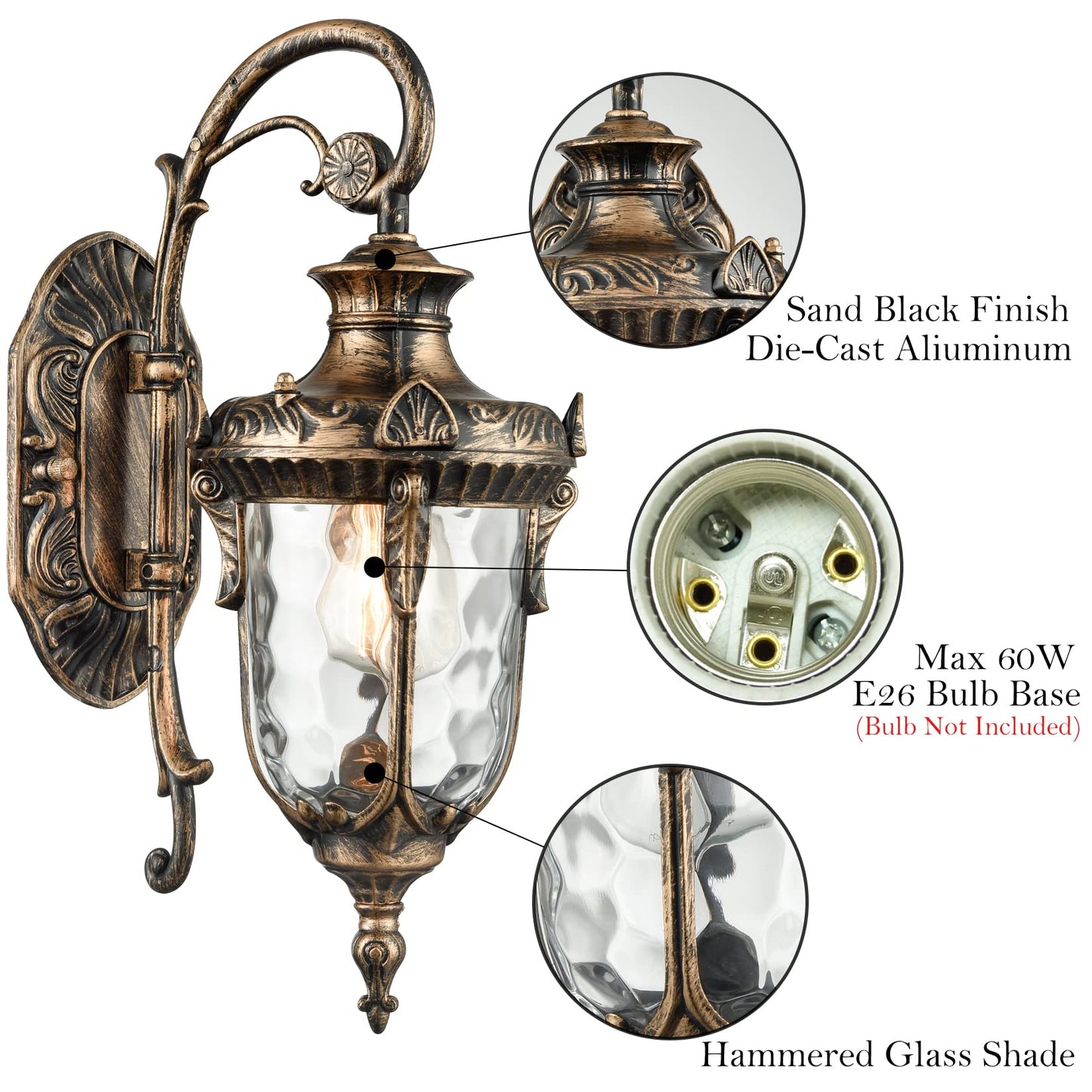 SAMTEEN Bronze Outdoor Light Fixtures Wall Mount 15.8" H Waterproof Exterior Wall Sconce with Hammered Glass Shade Outside Porch Light for House