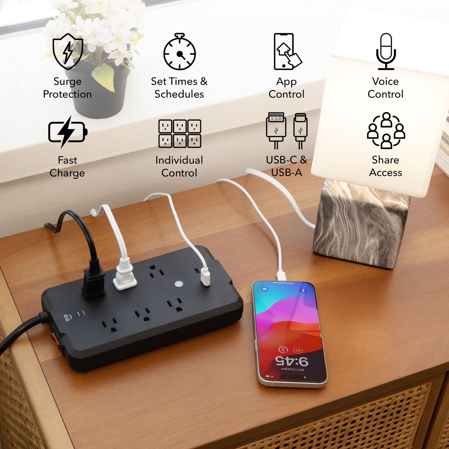 Geeni Smart Plug Power Strip, 6 Outlets and 2 USB Ports, 6 ft. Cord, Surge Protector with Voice Control, WiFi Control, Compatible with Alexa & Google
