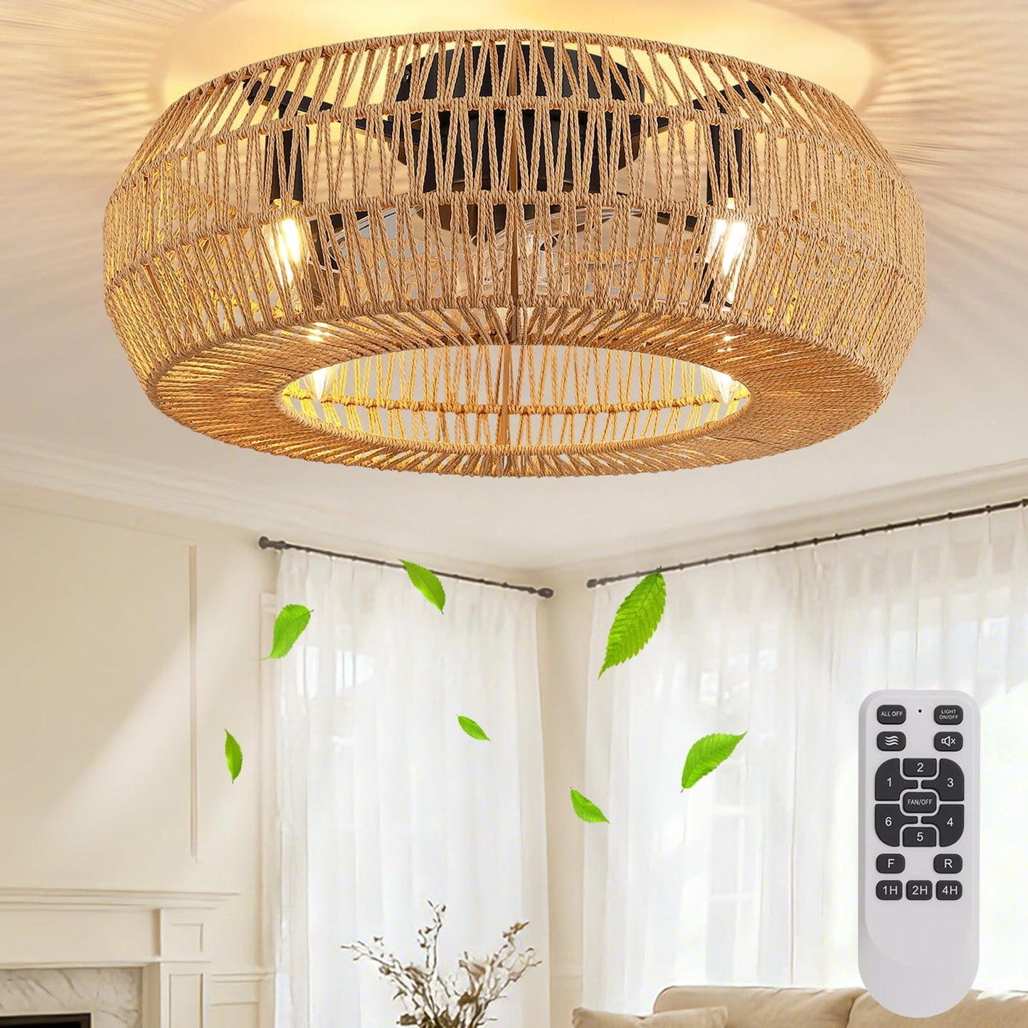 APBEAMLighting 24 Inch Boho Rattan Cage Ceiling Fan with Light Low Profile