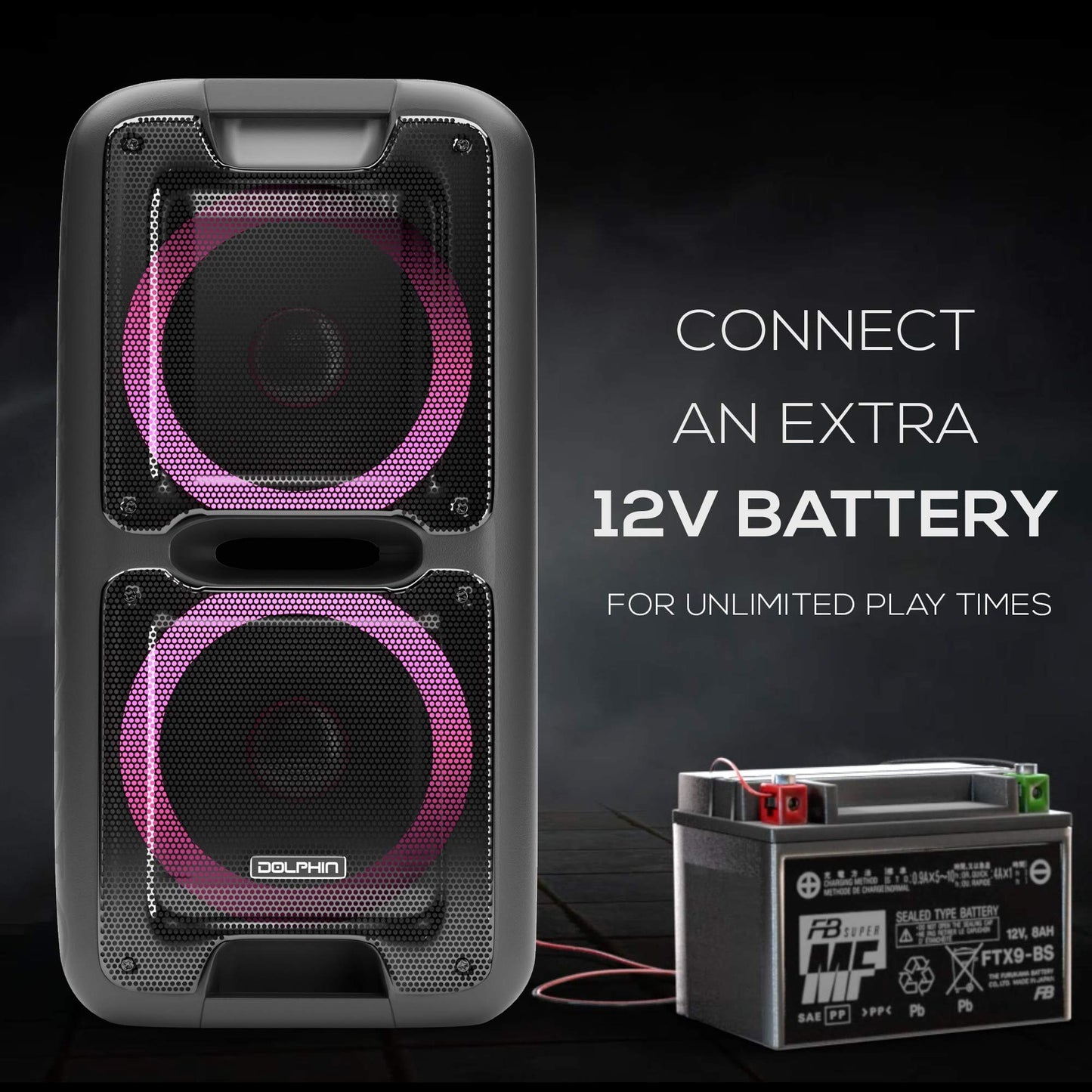 Party Speaker Dolphin Bluetooth SP-2100RBT-G - 10” Dual Woofers, Strong X-Bass, Sound-Activated LED, TWS, Extended Battery Life - Huge Bluetooth Party