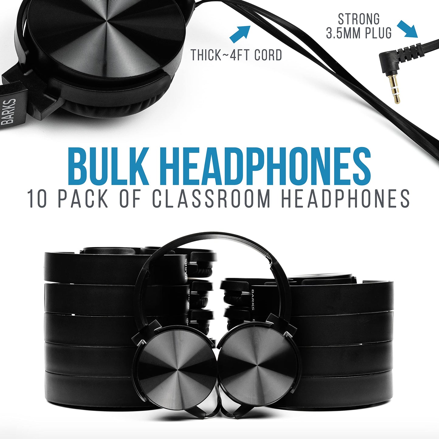 Barks Classroom Headphones Bulk 10 Pack (Select Black, On-Ear, Wired 3.5mm)