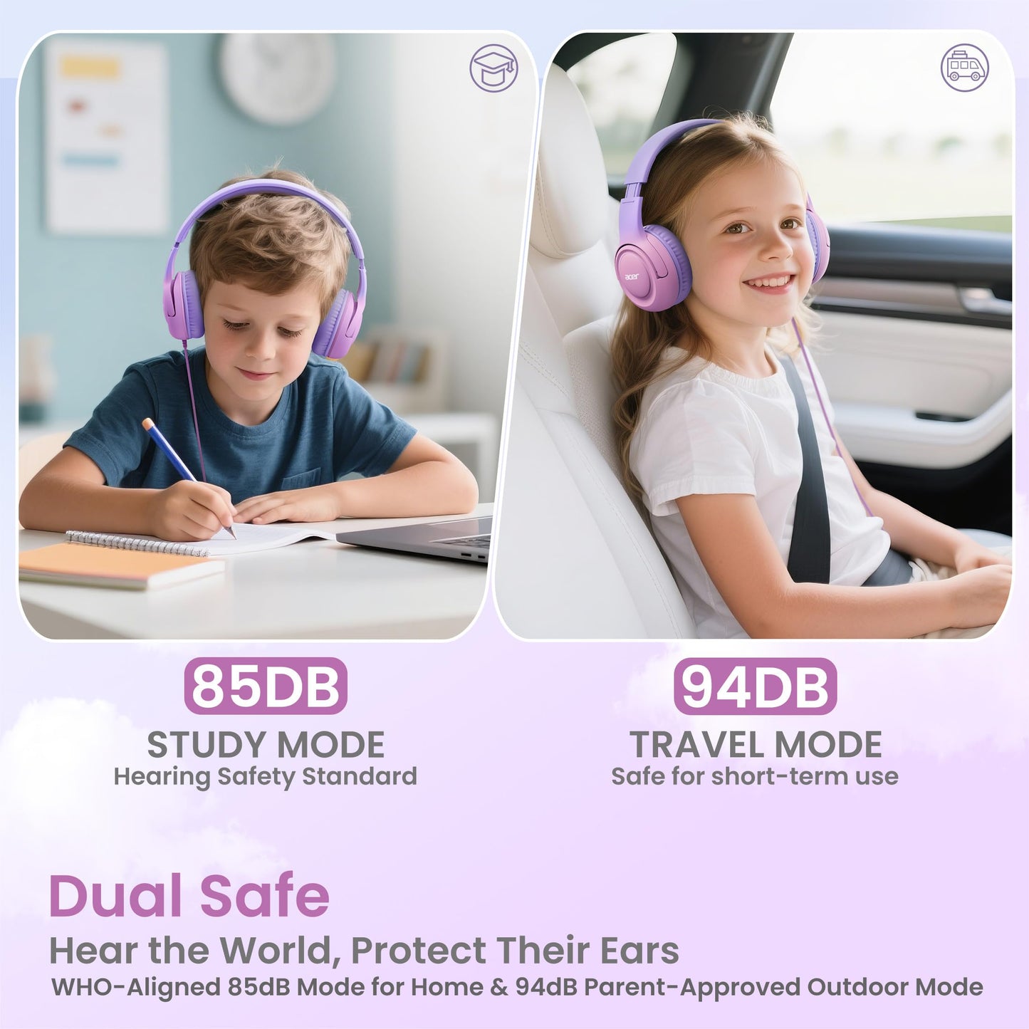 Acer Kids Headphones for School, 85-94dB Limiter, 3.5mm Jack, w/Mic HK03