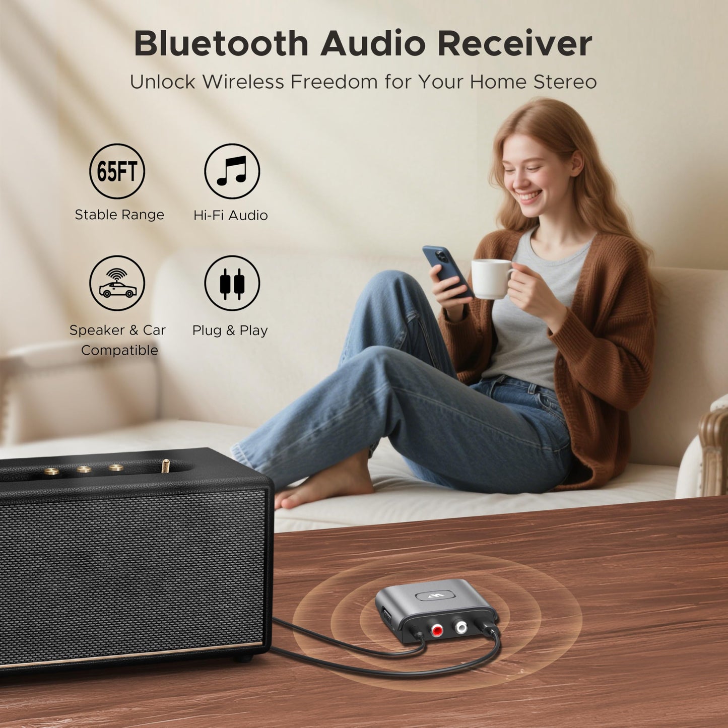 WARRKY Bluetooth Audio Receiver for Home Stereo RCA and 3.5mm Audio Jack, Bluetooth Audio Adapter for Speakers, Work for Sound System, Amplifier, Cars