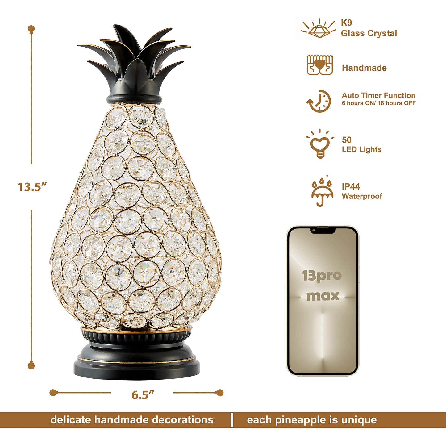 MOZEAL Extra Large Crystal Pineapple Lamp,13 in Lantern Decorative,IP44 Waterproof,6 Hours Timer,Battery Operated,As a Gift,for