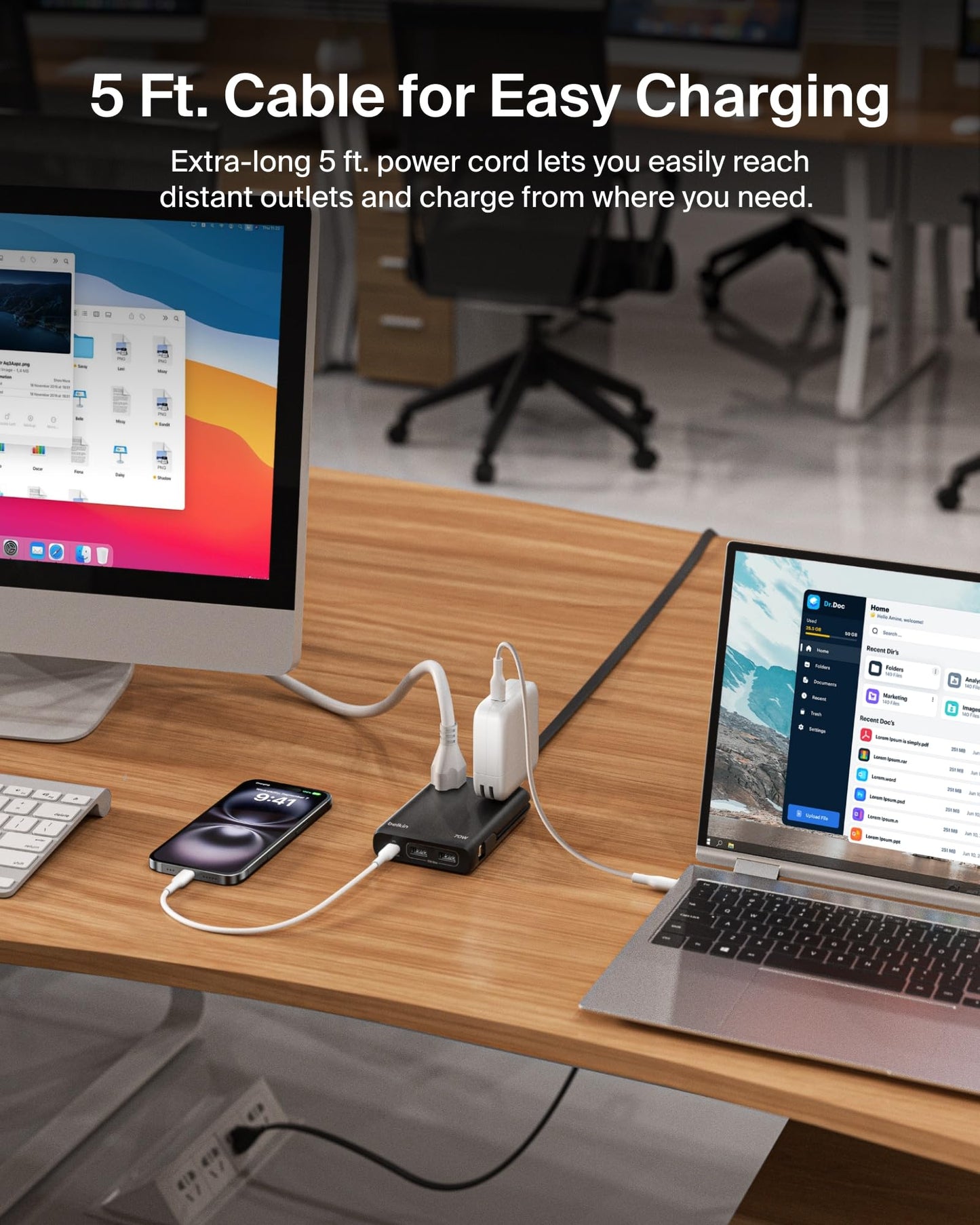 Belkin Travel Power Strip 70W, 6-in-1 GaN Charging Station USB C Charger w/ 2 AC Outlets, 2 USB A Ports, Integrated USB C Cable - Power Strip
