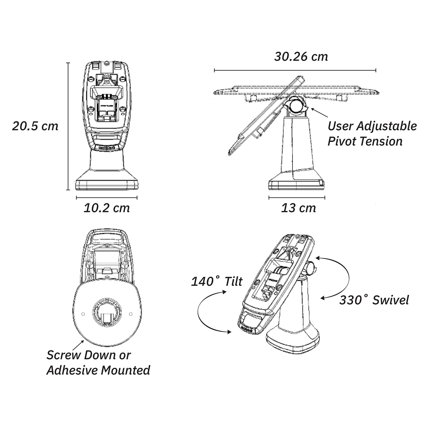 ENS Tailwind Ingenico Lane/3000/7000/8000 7" Latch and Lock Pole Mount Terminal Stand, Adhesive Installation, Black