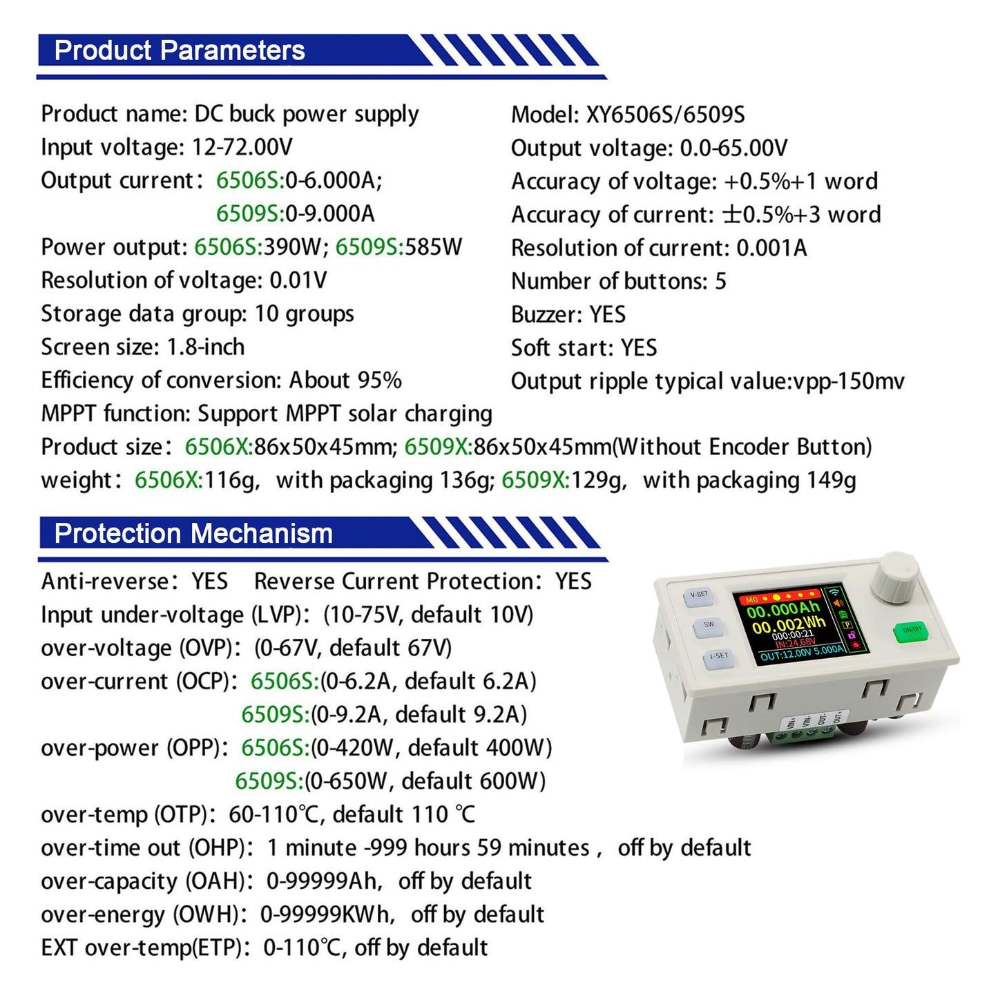 585W Adjustable DC-DC Buck Converter - 0-65V 0-9A Output, 12-72V Input, with MPPT, CV/CC Mode, Anti-Backflow, 1.8" TFT LCD Display, White Shell…