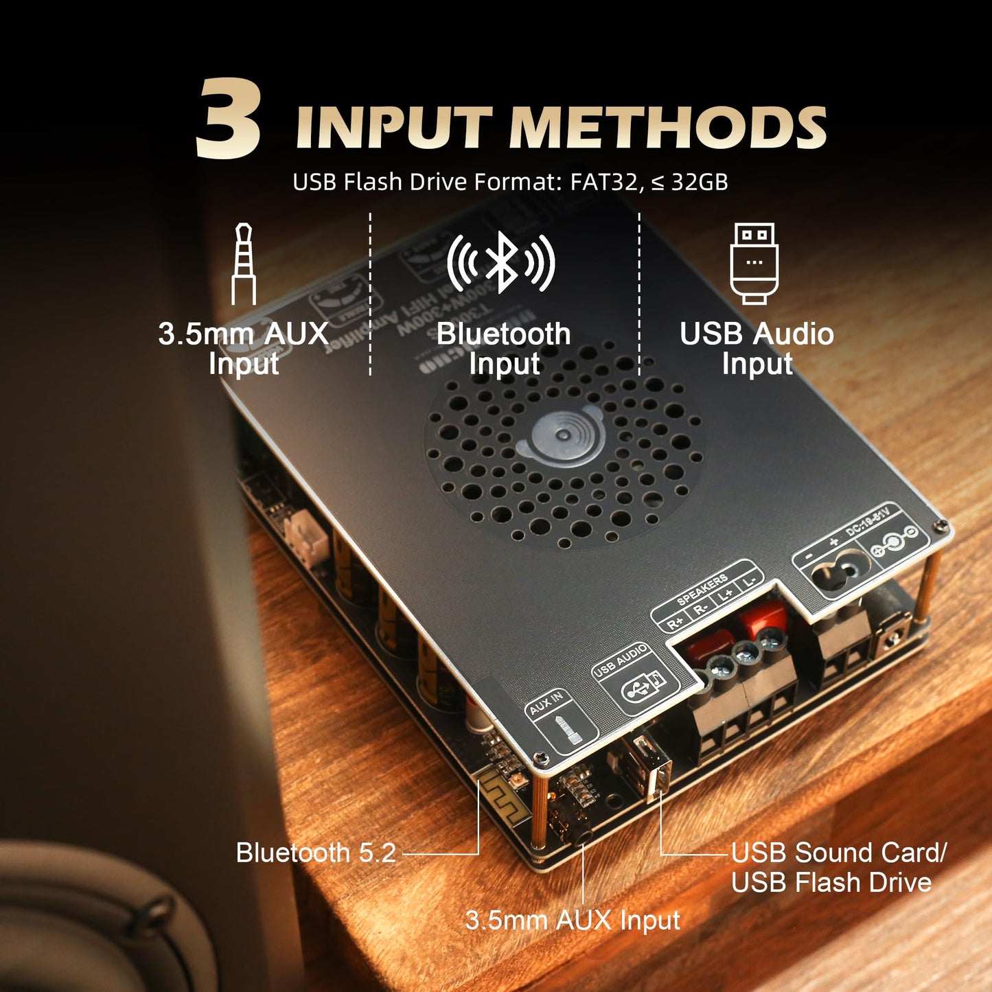 T300HS 300W+300W Power Amplifier Board, TPA3255 Chip with Bluetooth/AUX/USB Inputs, 2.0 Channel Audio Power Vehicle Amplifier