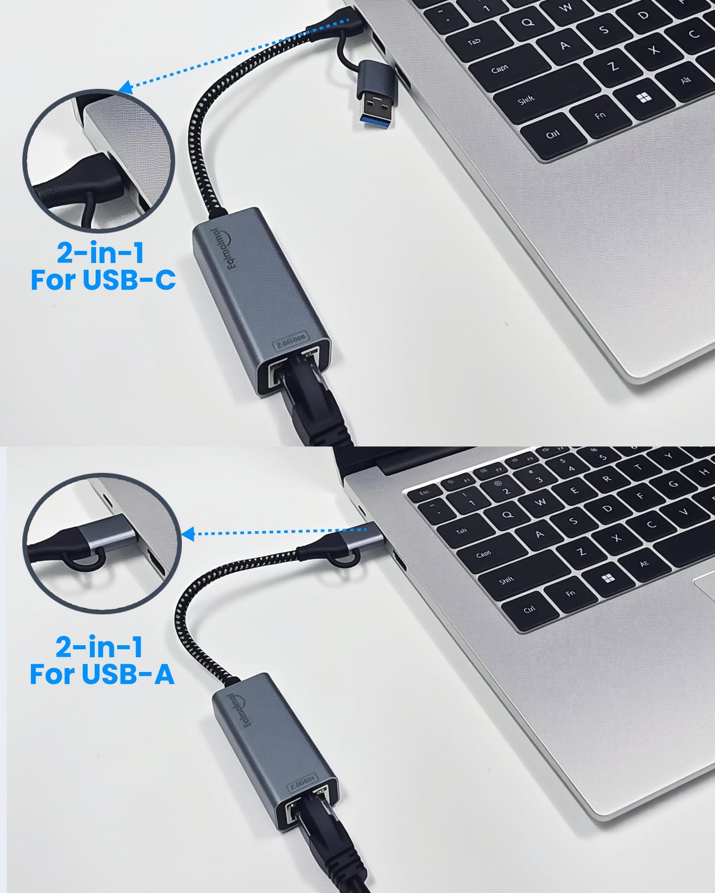 eqimaimai 2.5G USB Ethernet Adapter 2-in-1, Aluminum Fast USB-C&USB-A to RJ45 Network Adapter Compatible with Laptop/PC, Windows, Mac, Linux,Plug