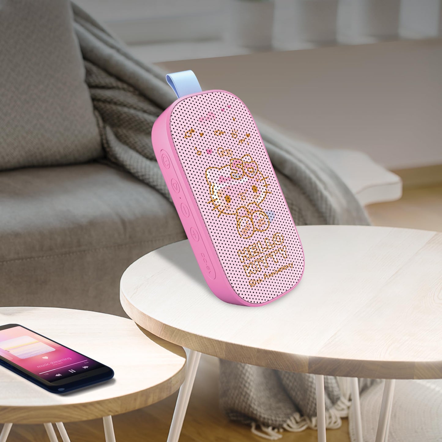 Hello Kitty 50th Anniversary Bluetooth Portable Speaker - Rechargeable Battery, Dynamic Audio, Carry-On Strap, Cute Pink Design for Travel, Parties