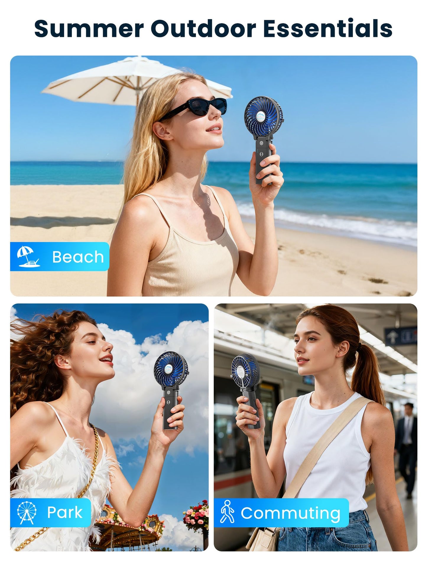 HandFan 5200mAh Portable Handheld Fan Rechargeable - 3 Speeds Foldable Personal Cooling, 2-IN-1 Hand Held Fan Battery Operated, 20H Runtime