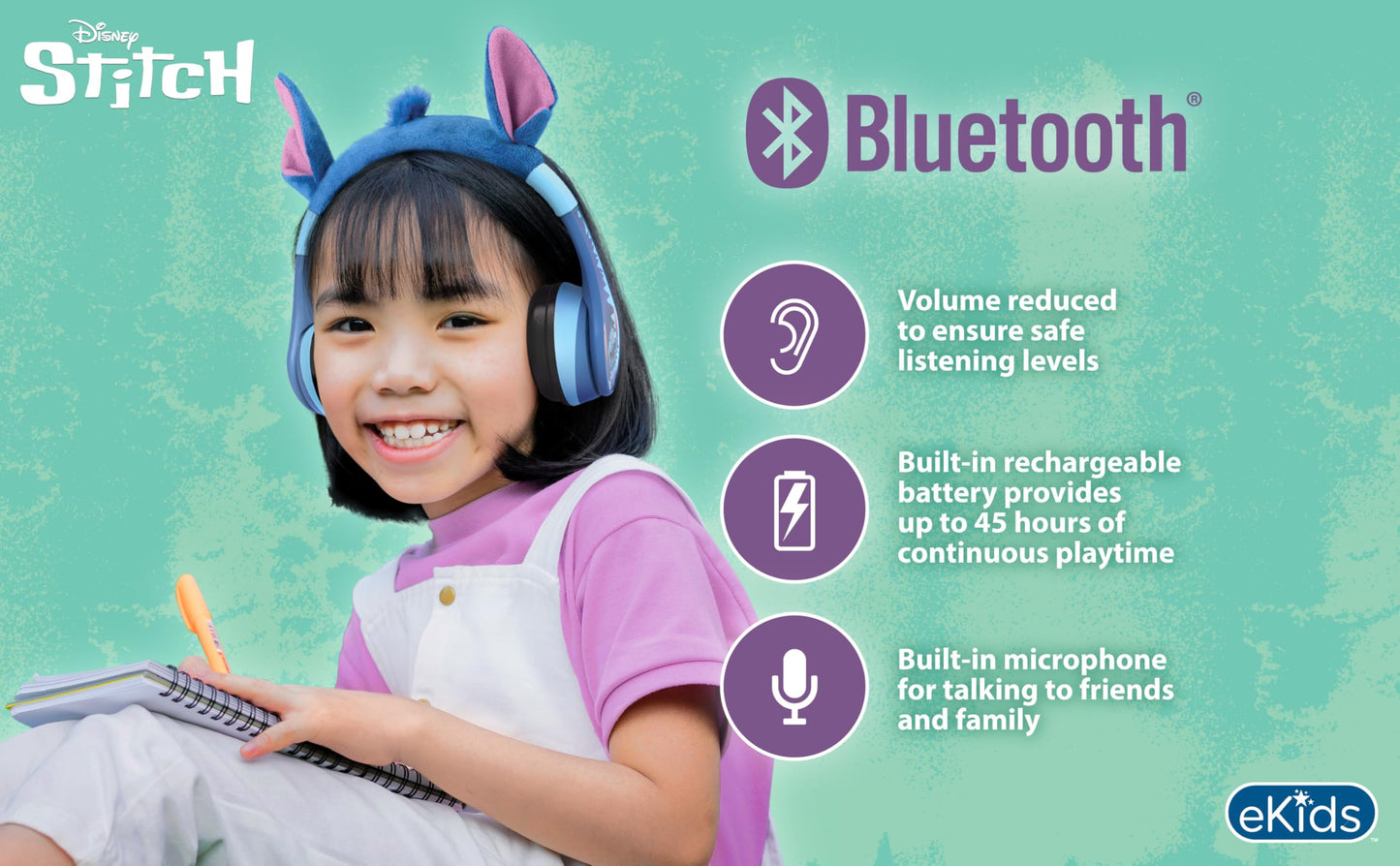 Disney Stitch Bluetooth Headphones for Kids, Wireless Headphones for School, Home or Travel