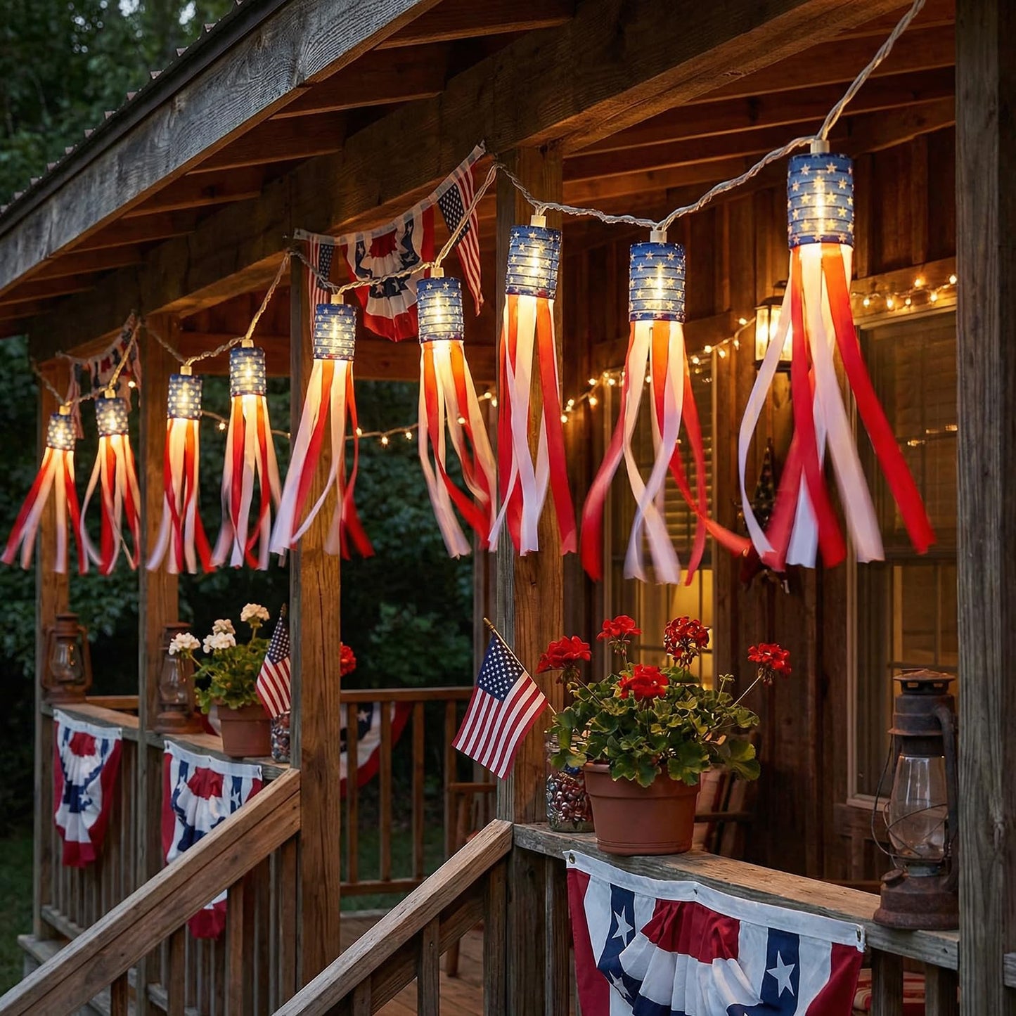 PASUTO 4th of July Decorations Lights, 8.5 FT American Flag Windsock String Lights Plug in with 10 LED Flag Windsock Bunting for Indoor/Outdoor Fourth