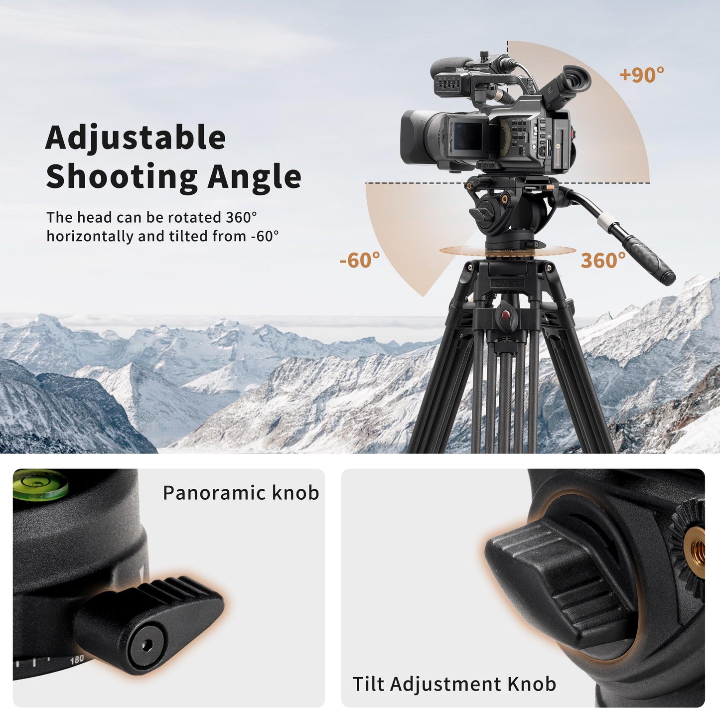 Cayer K6 Fluid Head, Metal Camera Tripod Head with Adjustable Pan Handle, Heavy Duty Video Tripod Pan Tilt Head for Video Cameras, DSLR Cameras