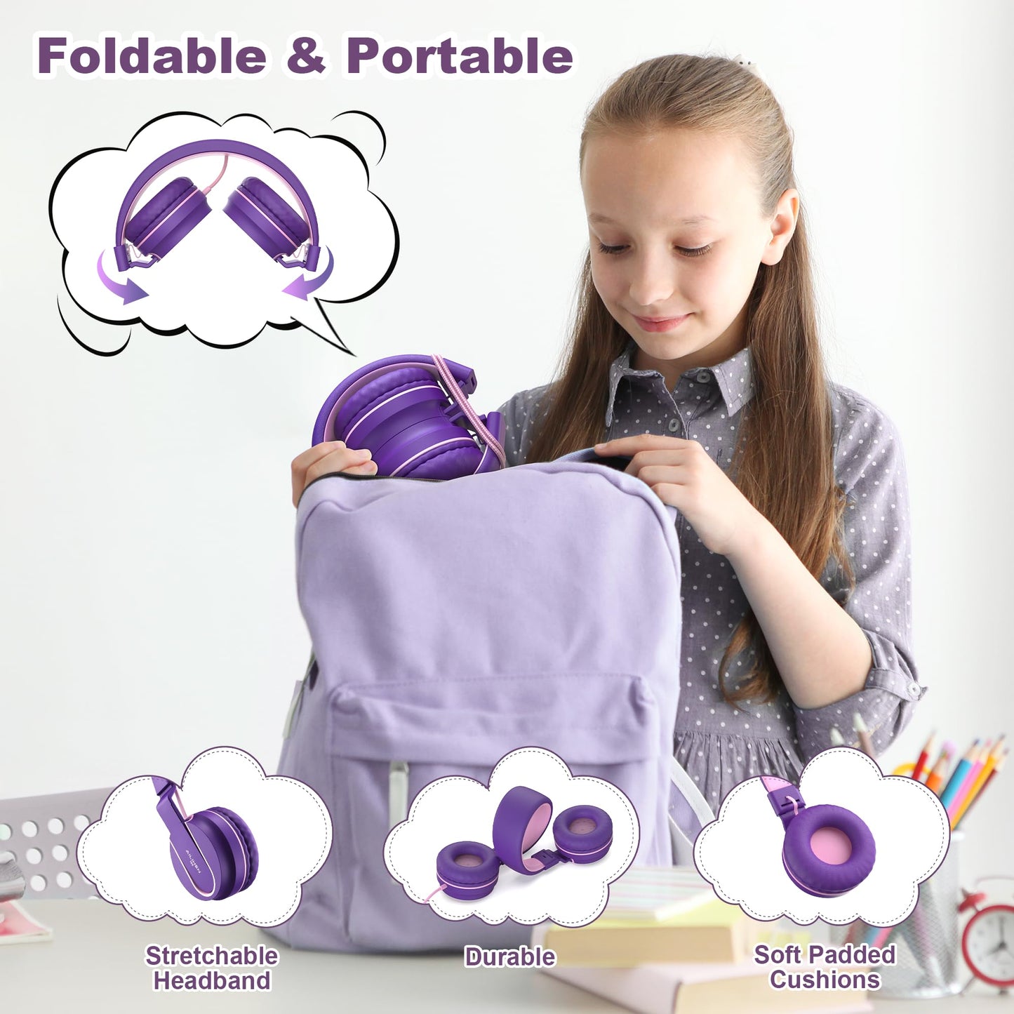 AILIHEN Kids Headphones for School, Safe Volume Limited 93dB, On-Ear HD Mic Stereo Sound Girls Boys Wired Headphones for Kid, Foldable Headset…