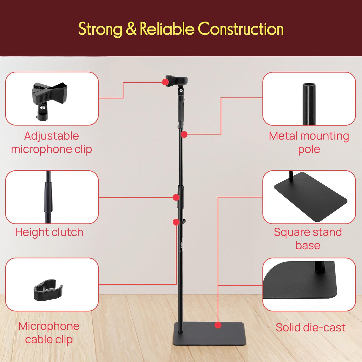 Pyle Square Base Microphone Stand with Mic Clip - Heavy Duty, Height Adjustable, 36.2" to 63.38'', Solid Die-Cast Base, Studio & Concert Use