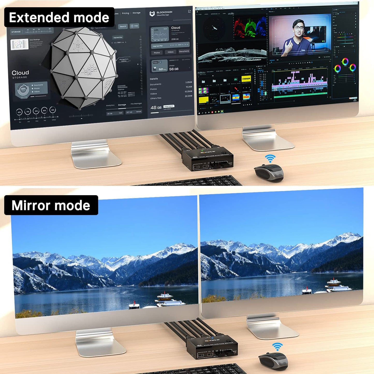 KCEVE KVM Switch 2 Monitors 2 Computers Displayport, USB 3.0 KVM Switch Dual Monitor for 2 Computer Share 4 USB 3.0 Devices, 4K@144Hz, Wired Remote(4K