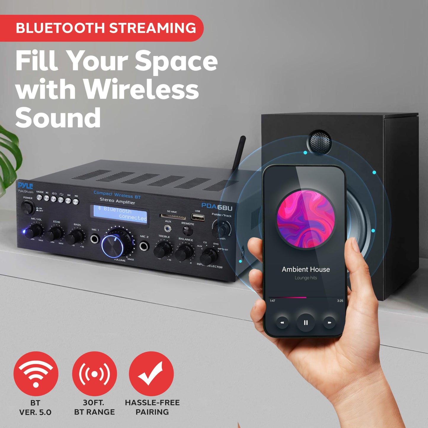 Pyle Wireless Bluetooth Power Amplifier System- 200W Dual Channel Sound Audio Stereo Receiver w/ USB, SD, AUX, MIC IN w/ Echo, Radio, LCD, For Home