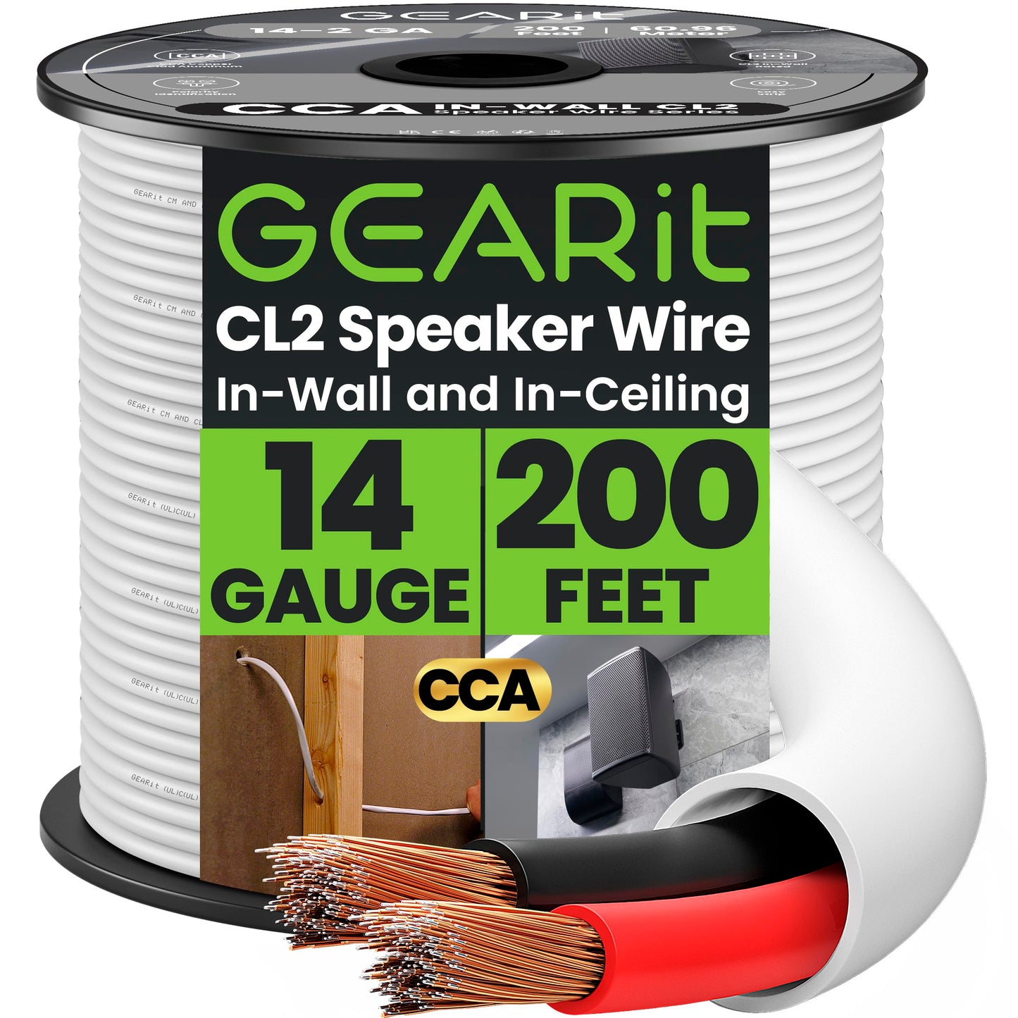 GEARit 14 Gauge Speaker Wire, CL2 Rated 14 Gauge Wire 200ft, Audio Cable with Red/Black Color Coded, Speaker Cable for in-Wall Home Theater, Car