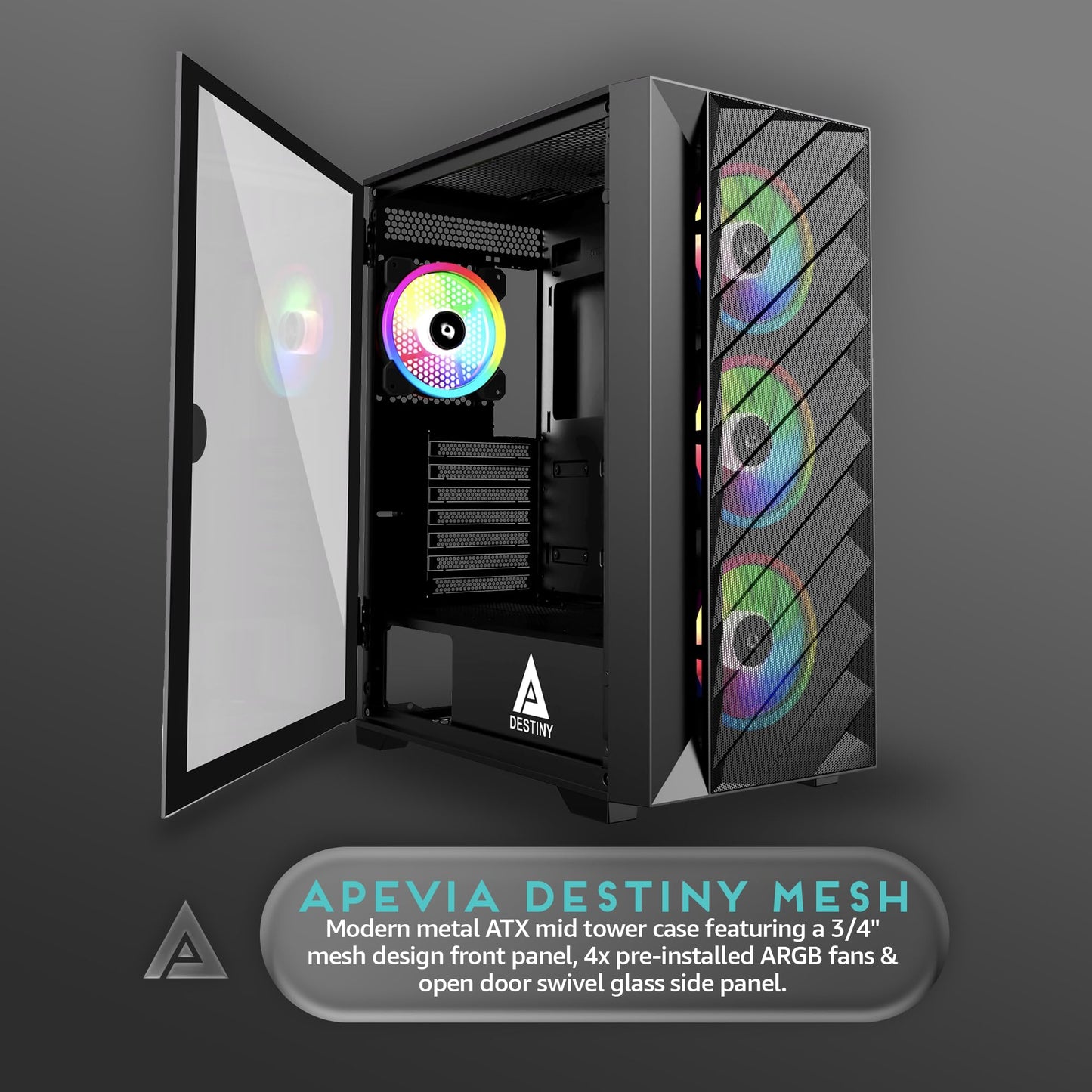 Apevia Destiny-MESH-BK Destiny Mesh Mid Tower Gaming PC Case w/ 4X 120mm ARGB Fans, 366 RGB Light Modes, 1x Metal Mesh Front Panel, 1x Door Swivel