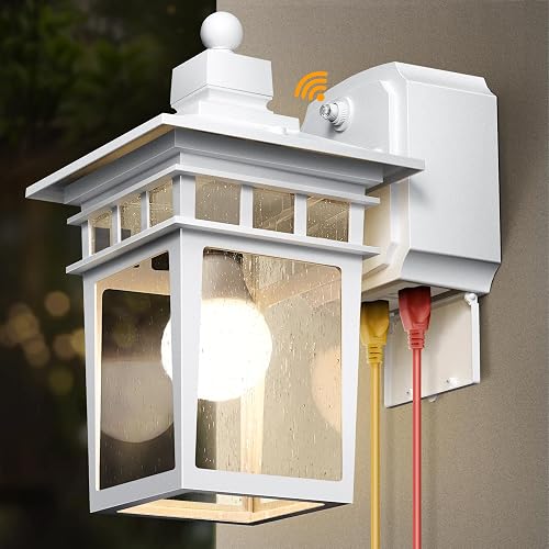 White Outdoor Porch Lights with GFCI Outlet,Dusk to Dawn Outdoor Lighting Work with Security Camera,Aluminum Exterior Outdoor Wall Lights