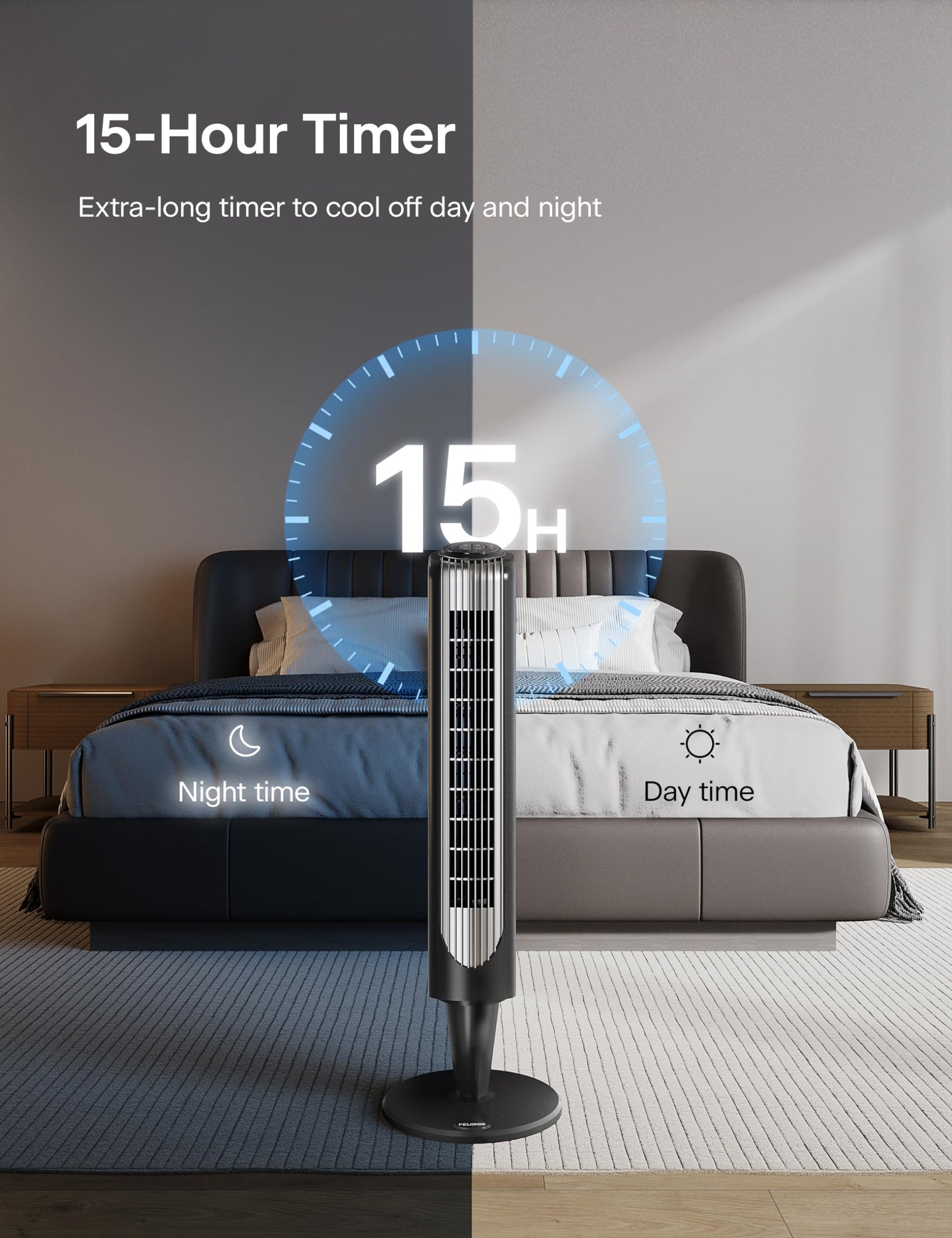 Pelonis 36-Inch Tower Fan for Bedroom - Oscillating Tower Fan with Remote Control - Indoor Quiet Fan with 3 Speeds, 4 Modes and 15-Hour Timer - ETL
