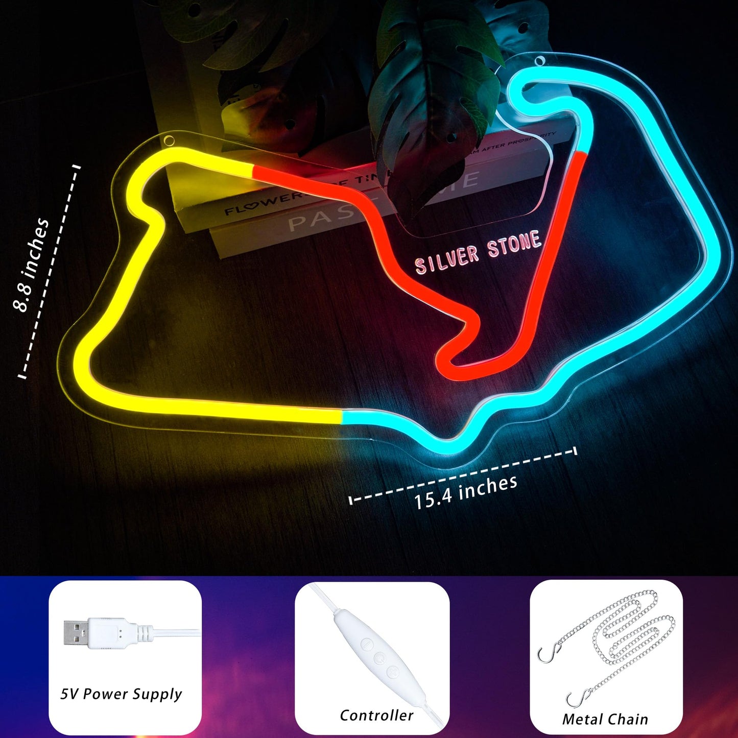 Silver Stone Neon Sign for Wall Decor USB Powered Wall Art Racing Track Neon Light Dimmable Led Sign for Man Cave Garage Game Room Gift for Formula 1