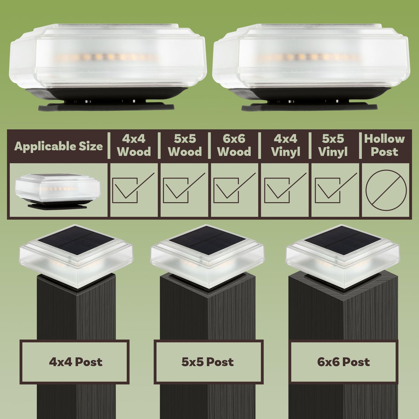 2-Pack Warm Solar Powered Deck Fence Post Cap Lights - Waterproof LED 6x6, 5x5, or 4x4 for Wooden or Vinyl Fence Post Caps by Pure Garden (Black)