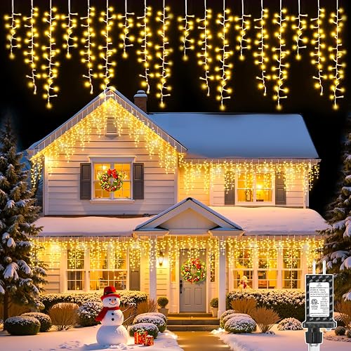 Brightown Icicle Christmas Lights Outdoor, 33FT 1020 LED Cluster Icicle Lights with 51 Drop,12 Mode, Connectable Firecracker Light with Timer