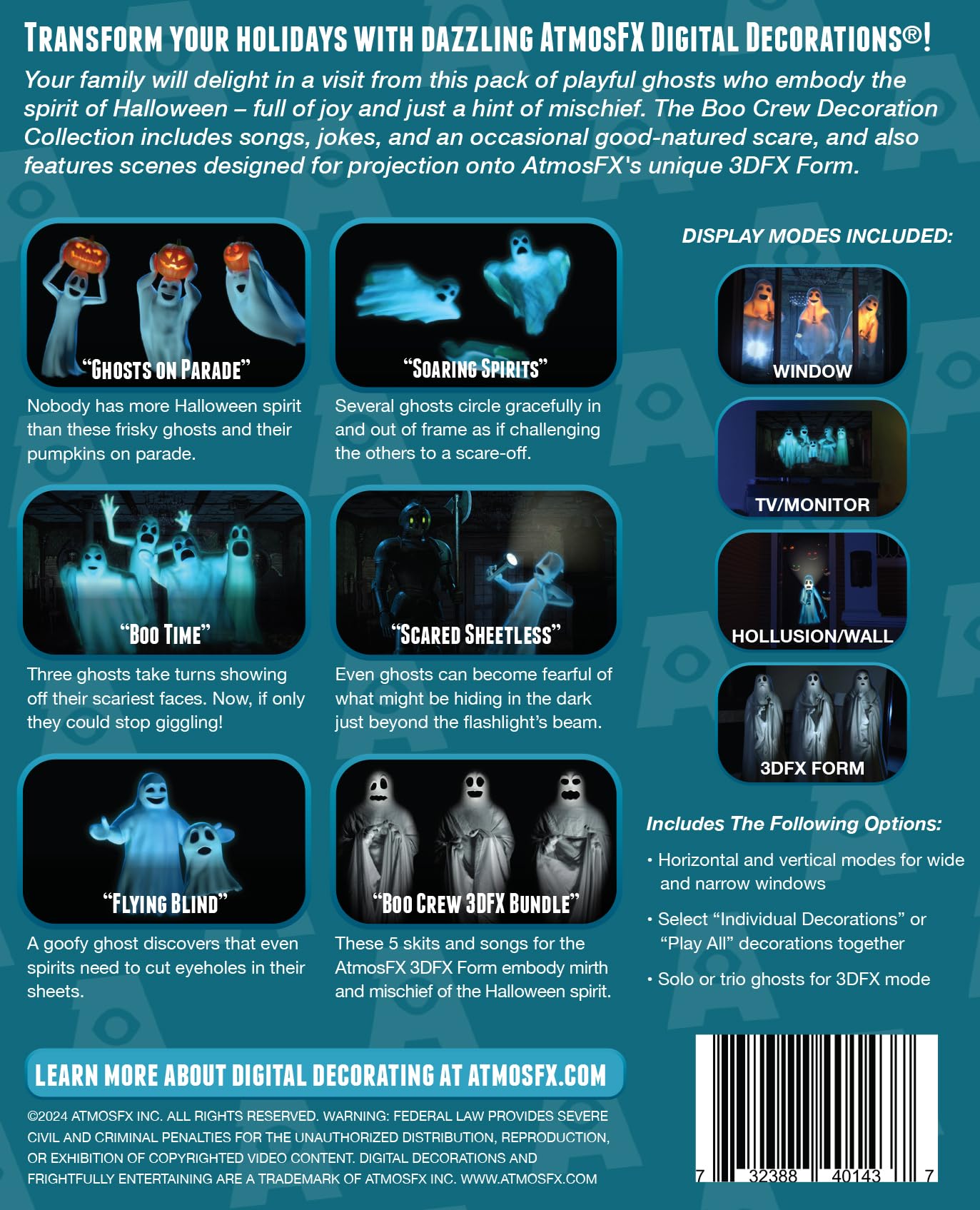 HoliScapes® USB Projector Kit - AtmosFx Boo Crew USB + Projector + 48" x 72" Large White Holographic Screen for Halloween Projection